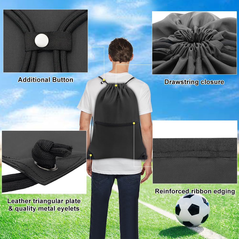 Large Drawstring Backpack for Men & Women - Gym Sports Bag with Front & Inner Zipper Pockets for Keys & Phone (Black) - Perfect for Workouts, Travel & Daily Use
