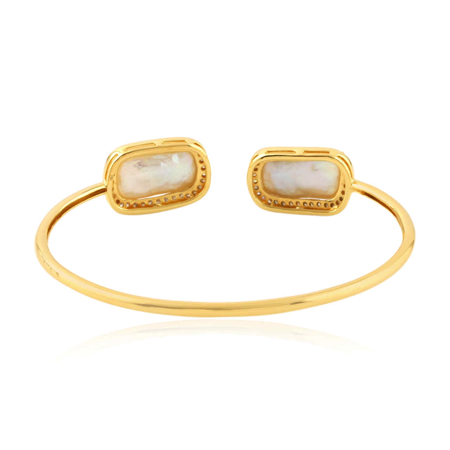 Exquisite 18K Gold Cushion Cut Pearl & Natural Diamond Designer Cuff Bracelet for Women | Elegant Jewelry Gift for Anniversary, Wedding & Special Occasions