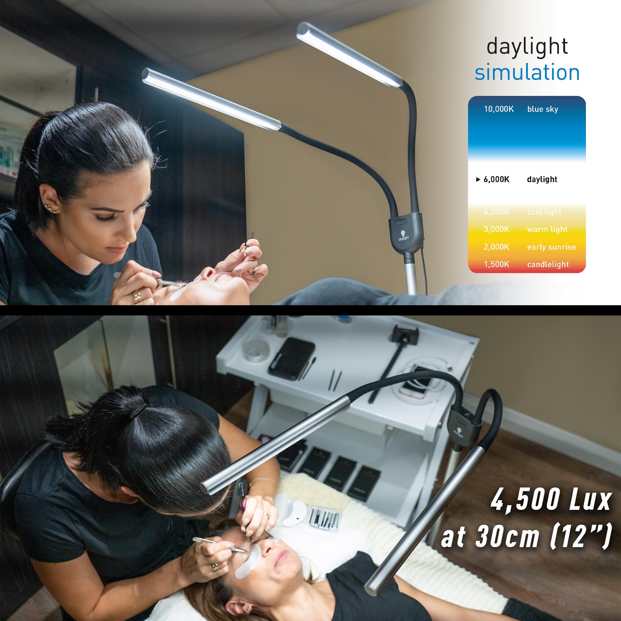 Daylight Company Gemini Floor Lamp - 2 Strobe Lamps with 4 Adjustable Brightness Levels (4,500 LUX, 1,400 Lumens) - Silver | Perfect for Social Media Photography, Nail Salons, Beauty Studios & Office Lighting