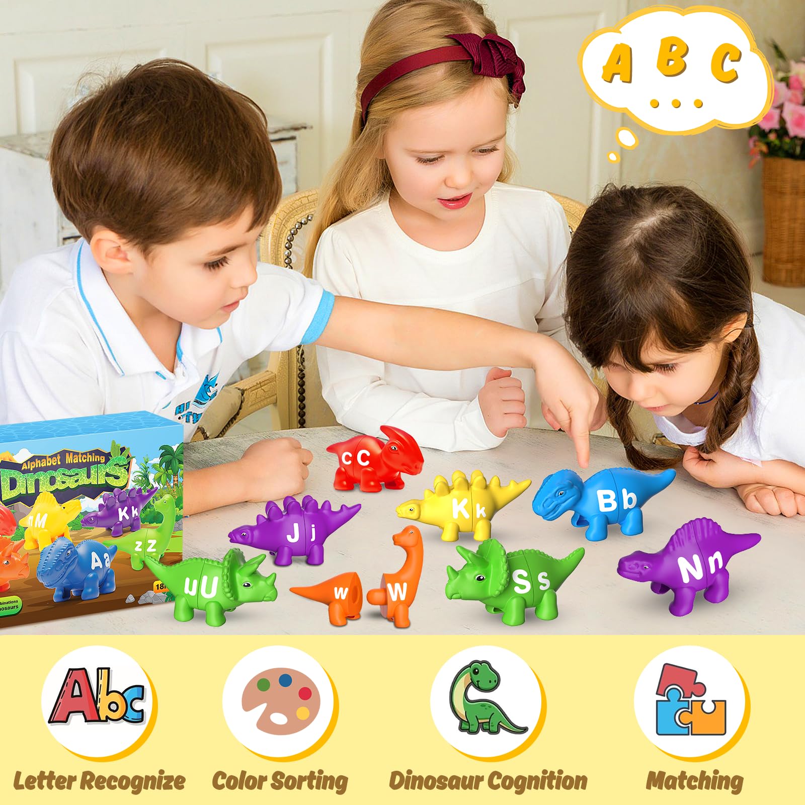 52 PCS ABC Alphabet Dinosaur Learning Toys for Toddlers Ages 2-5 - Preschool Montessori Educational Toys for Fine Motor Skills Development - Perfect for Travel, Classroom & Home Learning Activities