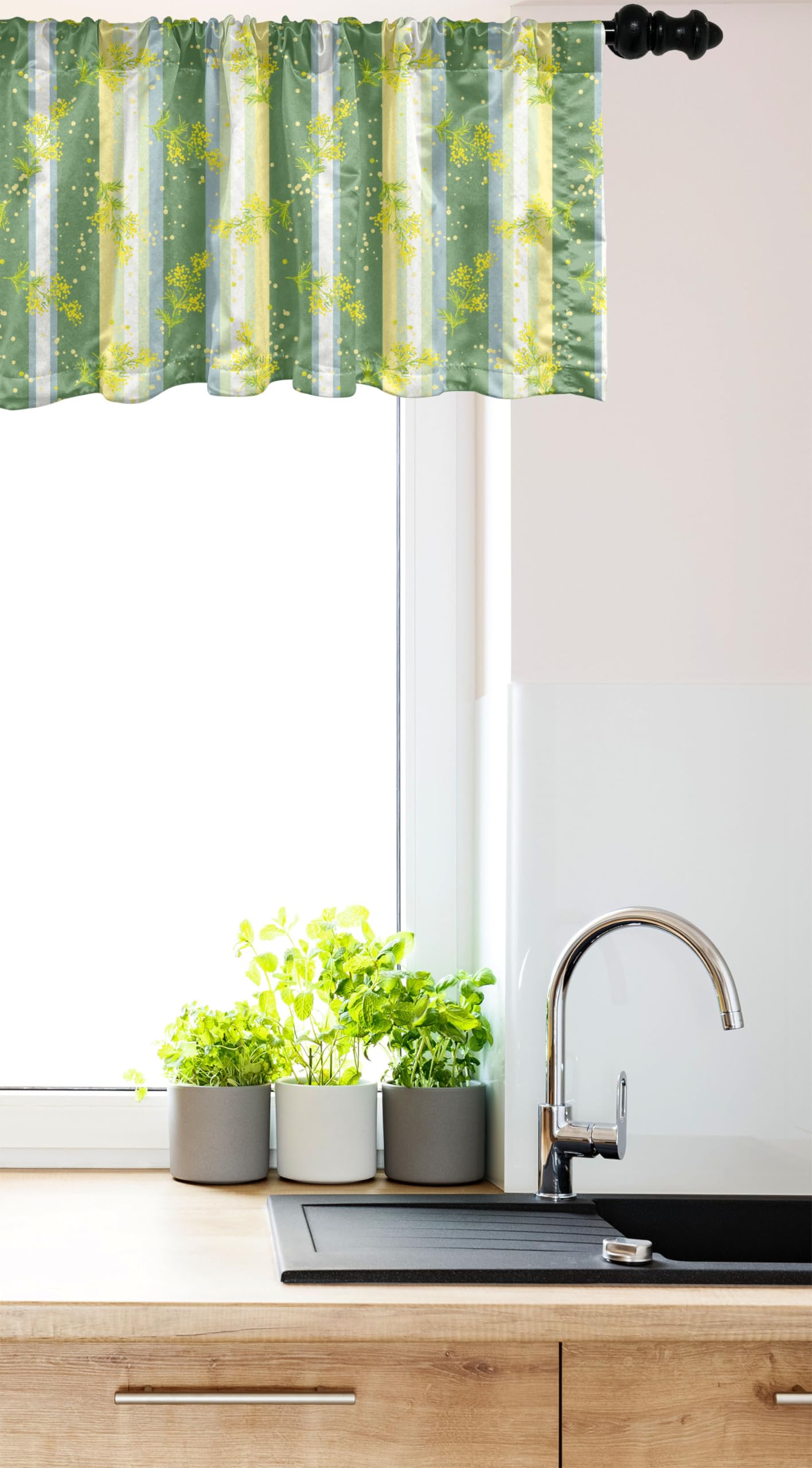 Ambesonne Striped Window Valance Set of 2 - Yellow Green Floral Curtain Valances with Rod Pocket, 54