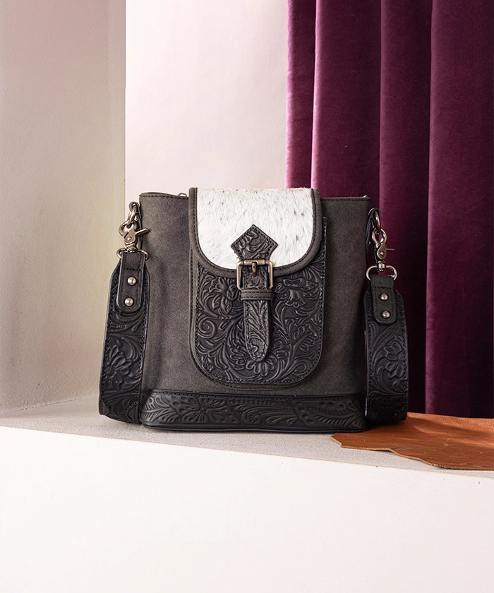 Trinity Ranch Genuine Hair-on Cowhide Tooled Leather Crossbody Purse for Women - Western Style Handbag for Rodeo, Country Music Festivals & Everyday Use