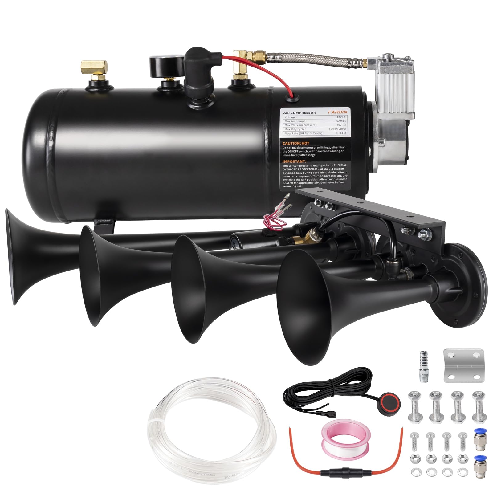 180dB Super Loud Train Horn Kit - 4 Trumpet Truck Air Horn with 150 PSI Air Tank & 0.8 Gallon Compressor - 12V Heavy Duty Vehicle Horn for Trucks, Jeeps, Pickups, SUVs (Black Parallel Horn Kit) - Perfect for Off-Roading, Emergency Alerts & Vehicle Customization