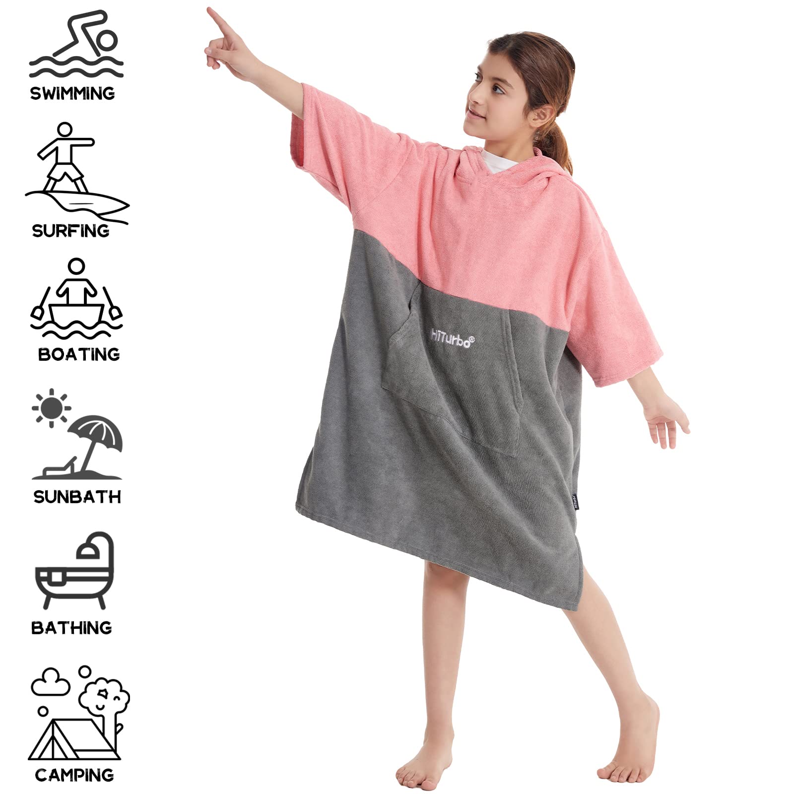 Hiturbo Kids Changing Towel Robe - Super Absorbent Quick Dry Surf Poncho with 3/4 Sleeves, Microfiber Bath Towel for Beach, Pool & Swimming - Perfect for Boys & Girls (Pink/Gray) - Great for After-Swim Changing, Sun Protection & Outdoor Activities