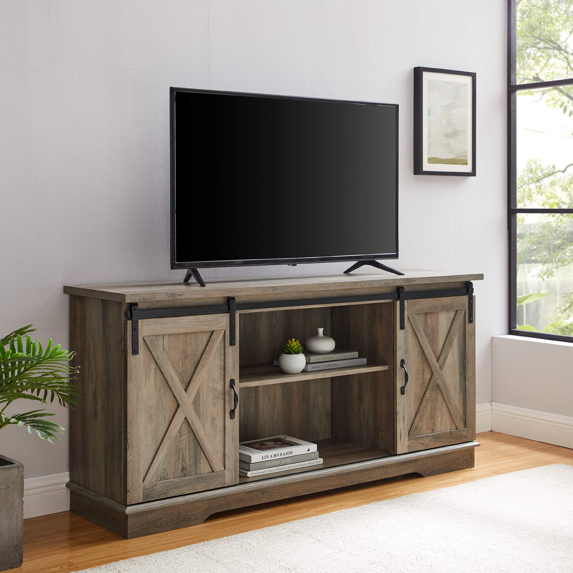 Walker Edison Richmond Modern Farmhouse 65 Inch TV Stand with Sliding Barn Doors - Rustic Grey Wash Finish for Living Room, Bedroom & Home Theater
