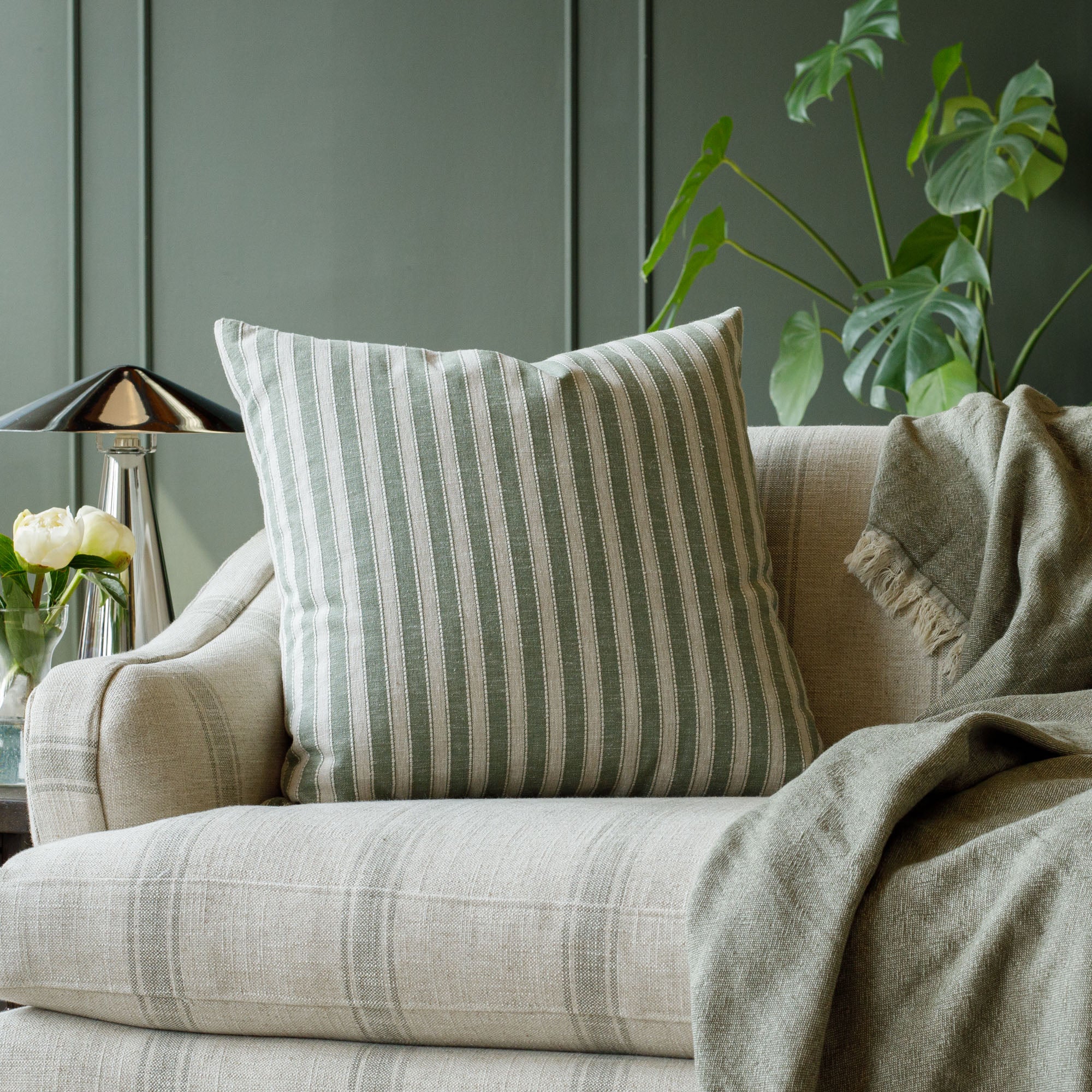 Millcroft Stripe 20x20 Decorative Throw Pillow Cover - Soft Cotton Pine Green Cushion for Sofa, Bed & Home Decor