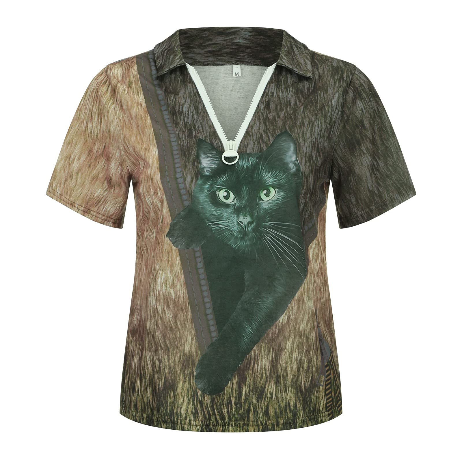 Women's Casual V-Neck Pullover Short Sleeve Printed T-Shirt with Zipper Detail - Perfect for Everyday Wear, Work & Weekend Outfits