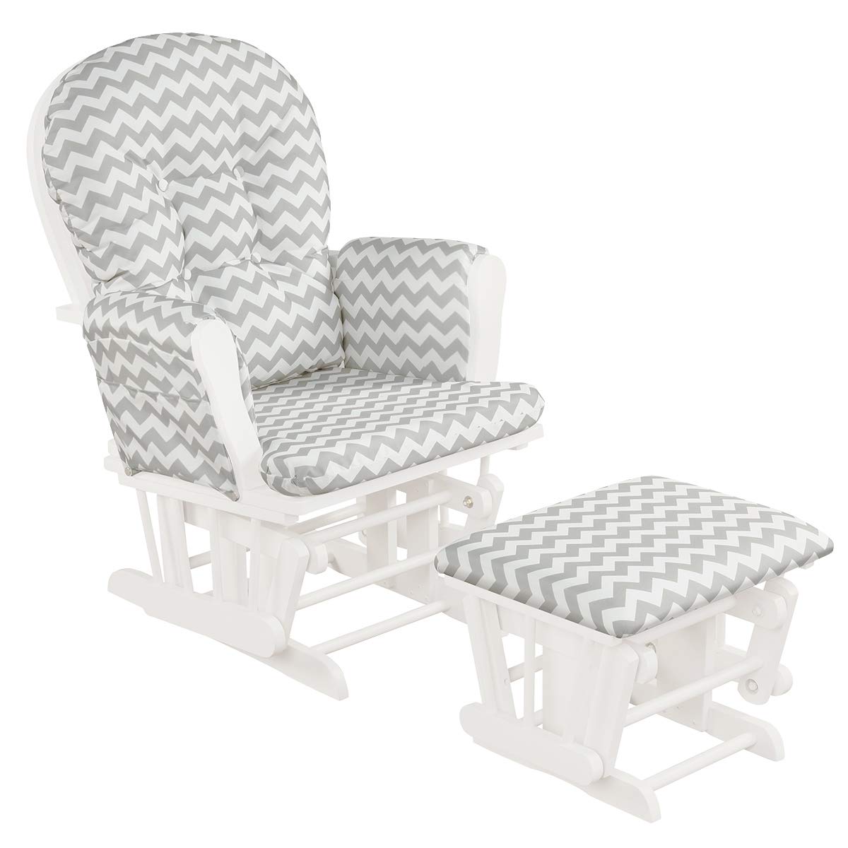 Costzon Baby Glider and Ottoman Set - Soft Gray & White Upholstered Nursery Rocking Chair with Padded Arms & Cushions | Comfortable Nursing Chair for Breastfeeding, Nursery Room, Baby Shower Gift