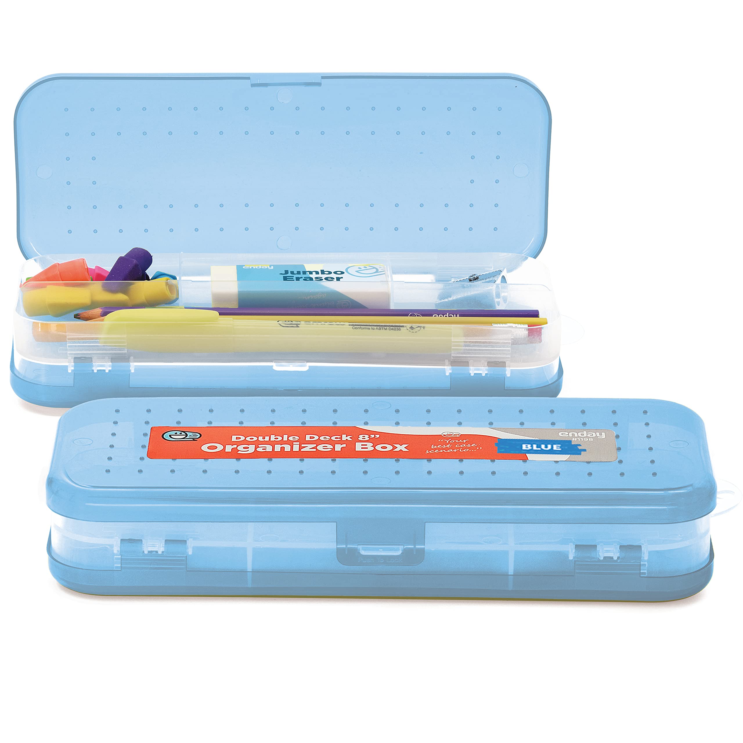Enday Plastic Double Deck Pencil Case with 5 Compartments - Blue, Yellow, Green, Purple, Orange & Pink Color Options - School & Office Supplies Organizer for Pens, Pencils, Markers & Art Tools - Durable Storage Box for Students, Teachers & Professionals
