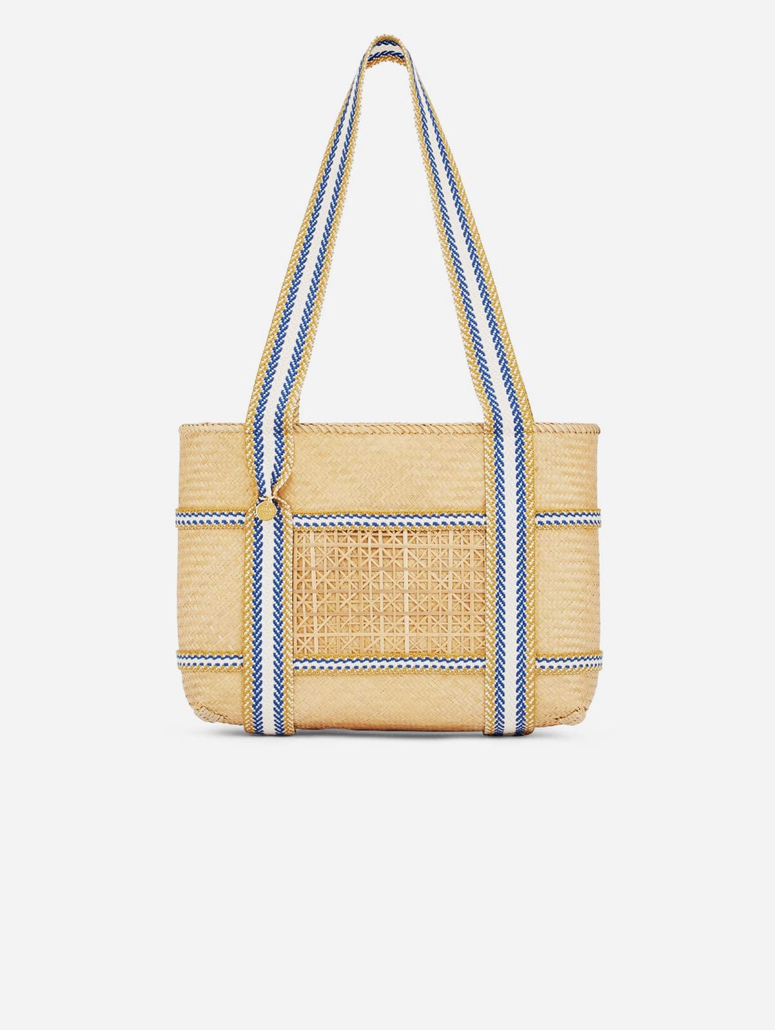 Malaka Handwoven Bamboo Vegan Small Tote Bag | Eco-Friendly Natural & Blue Stripe | Perfect for Grocery Shopping, Beach Trips & Daily Use