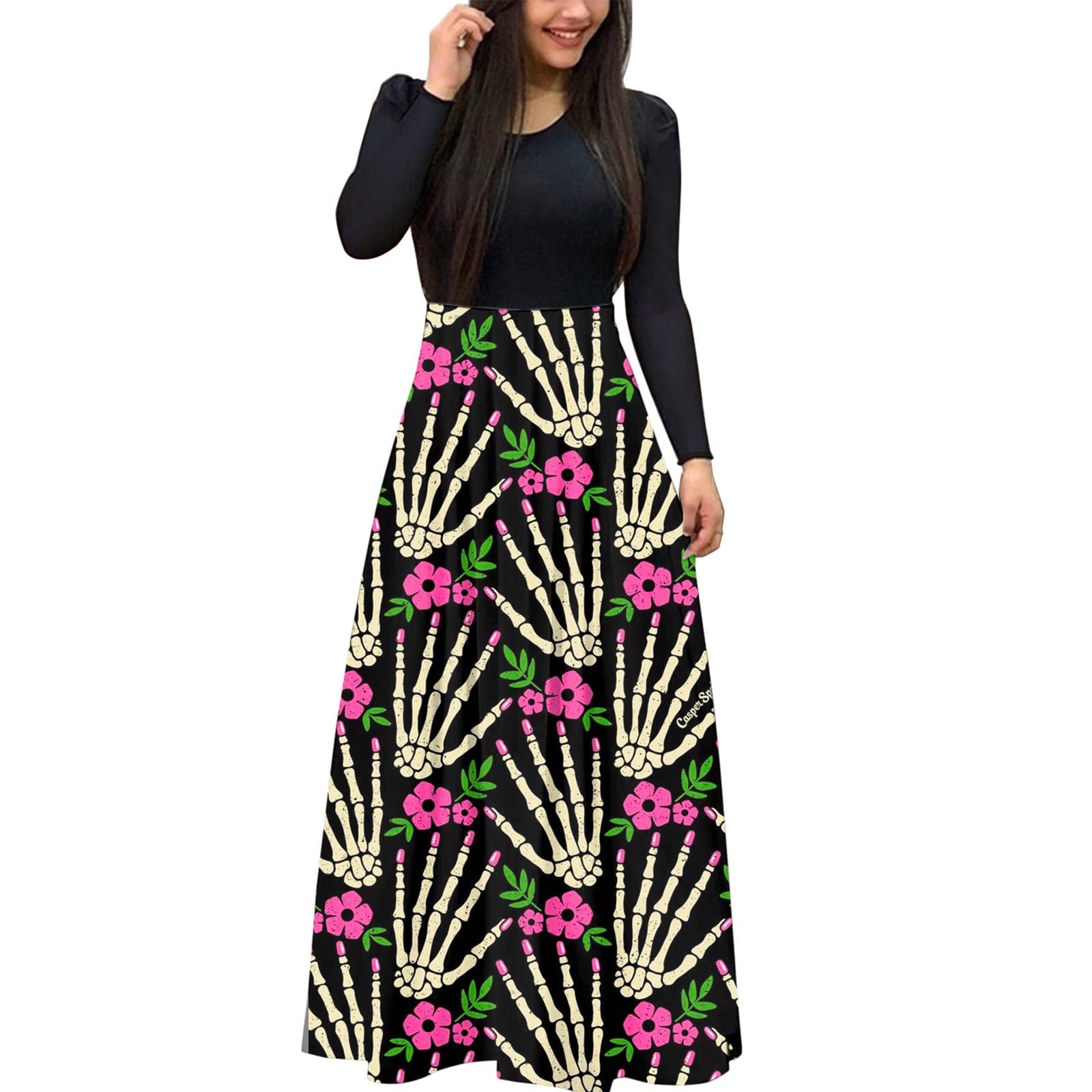 Plus Size Christmas Dresses for Women - Halloween Print Long Sleeve Round Neck Casual Maxi Dress for Holiday Parties, Family Gatherings & Festive Occasions