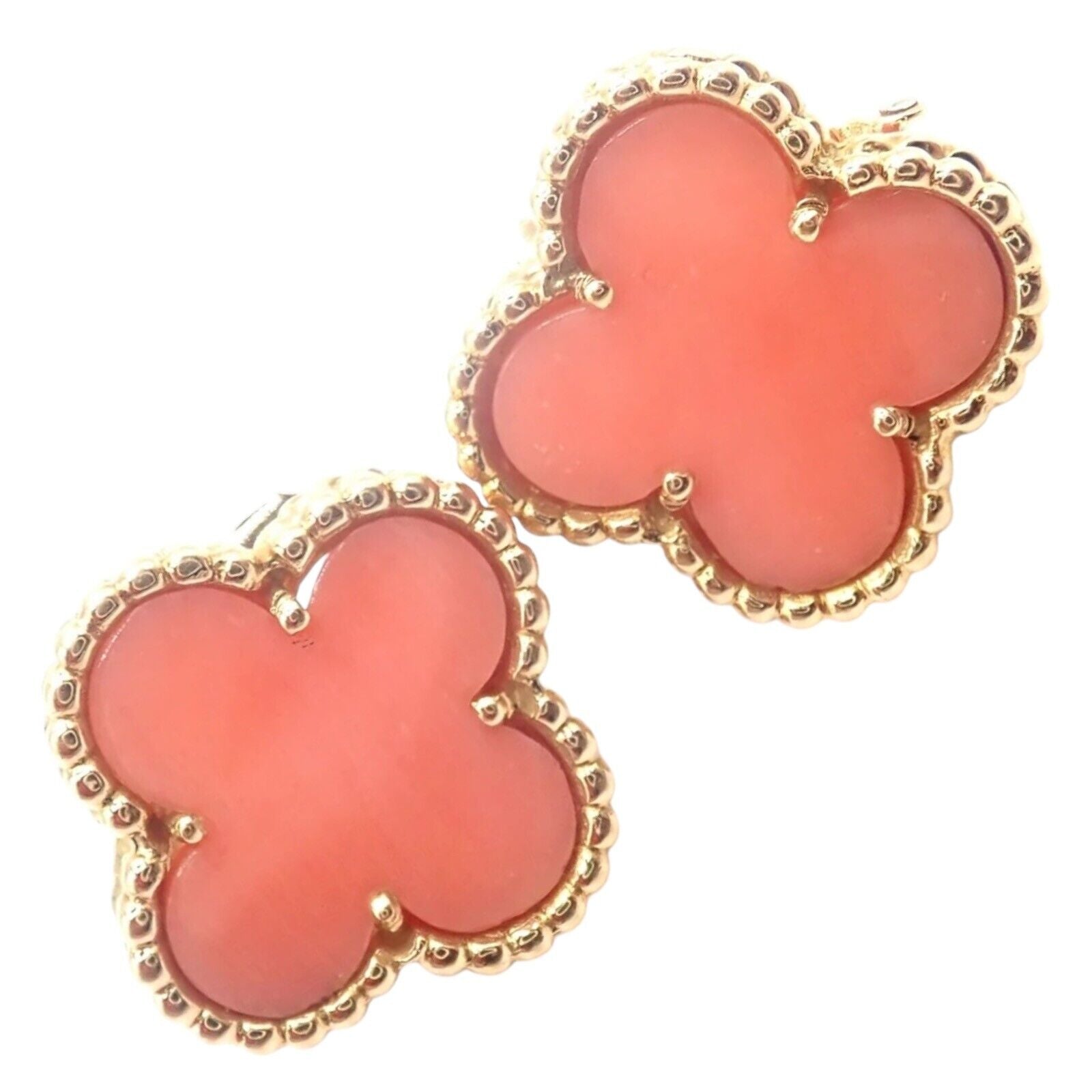 Authentic Van Cleef & Arpels Vintage Alhambra 18k Yellow Gold Coral Earrings | Luxury Jewelry for Women | Perfect for Weddings, Anniversaries & Special Occasions