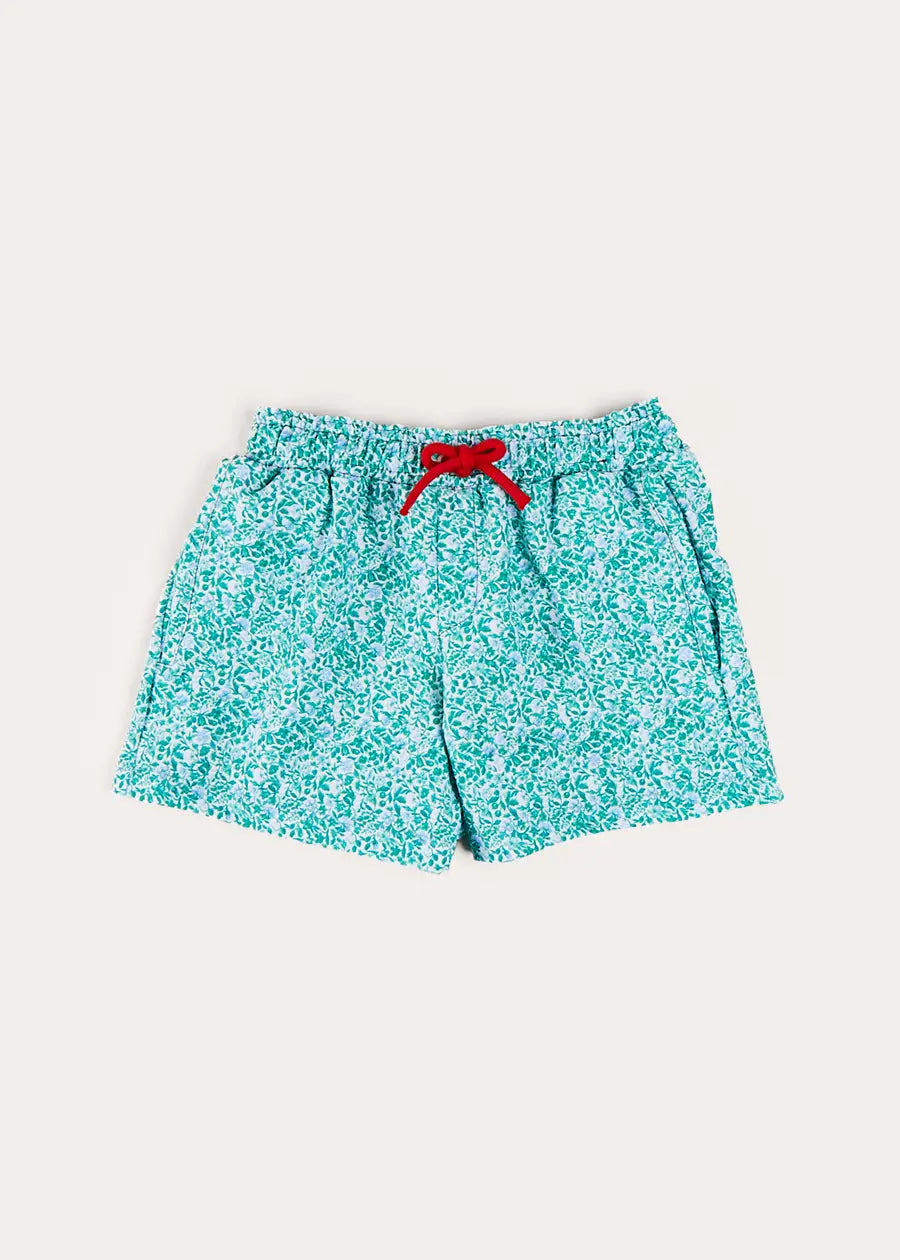 Adelaide Floral Tie Detail Swim Shorts for Boys & Girls (2-10 Years) - Green Beachwear for Summer Vacation & Pool Party