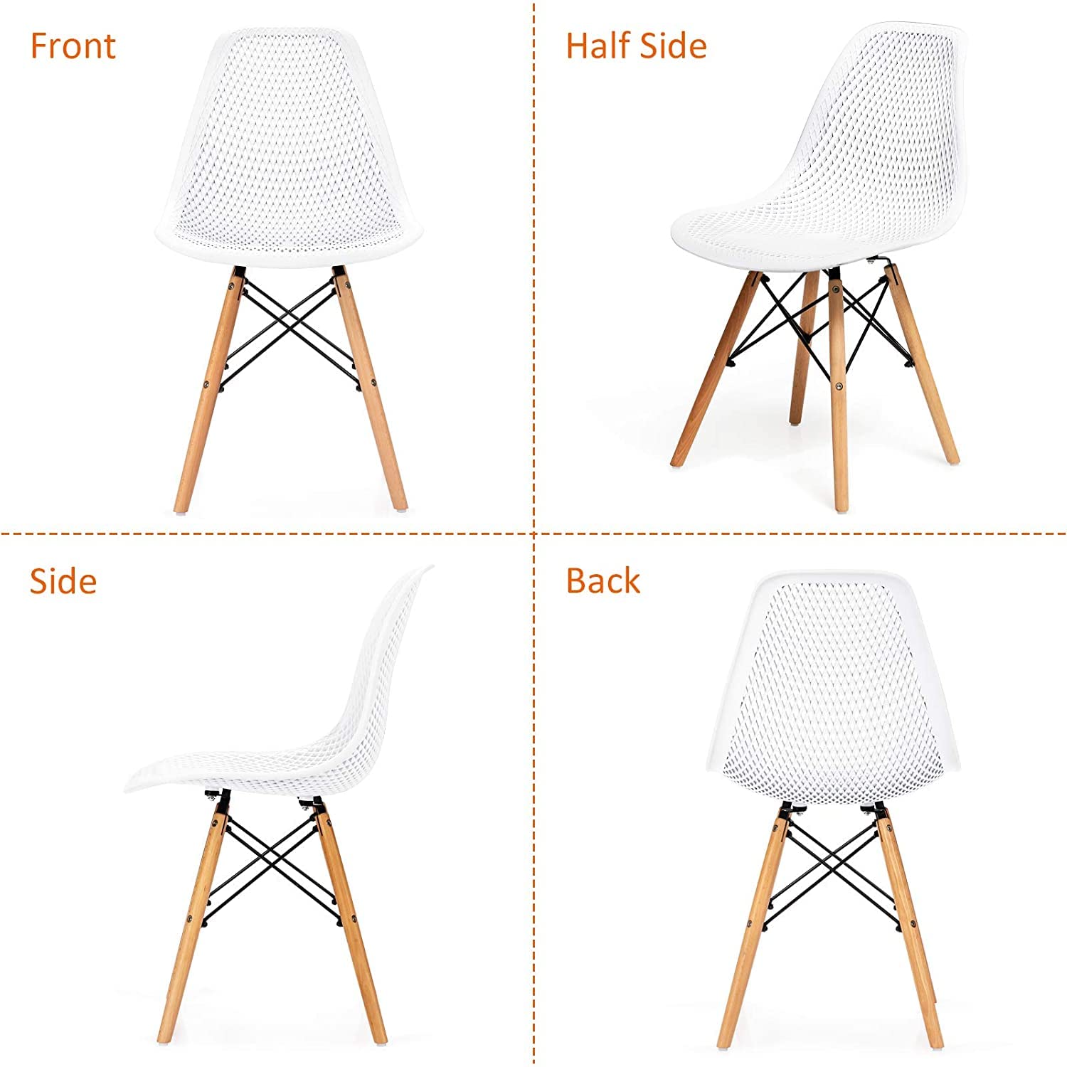 Modern Moccha Set of 4 Dining DSW Chairs with Beech Wood Legs & Mesh Design - Shell PP Lounge Side Chairs for Dining Room, Living Room, Kitchen - Perfect for Home Decor, Small Spaces & Entertaining Guests (White)