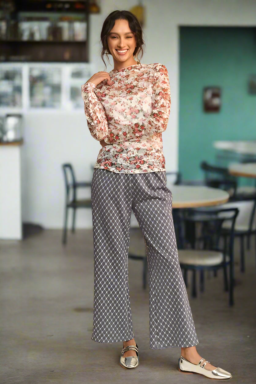 Floral Print Mesh Long Sleeve Layering Top for Women - Lightweight Sheer Blouse for Spring Summer Outfits, Casual Wear & Boho Fashion