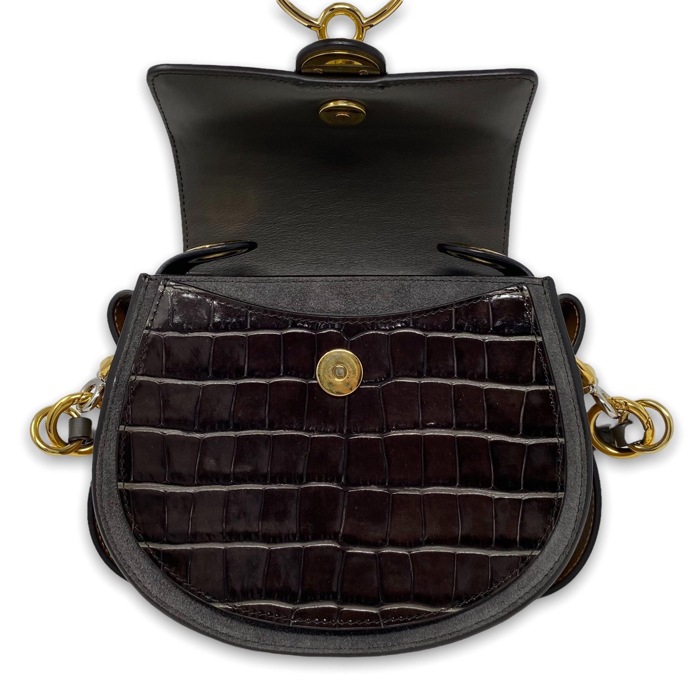 Chloé Small Tess Bag in Chocolate Croc Leather - Luxury Crossbody Purse for Women, Perfect for Date Night & Evening Events