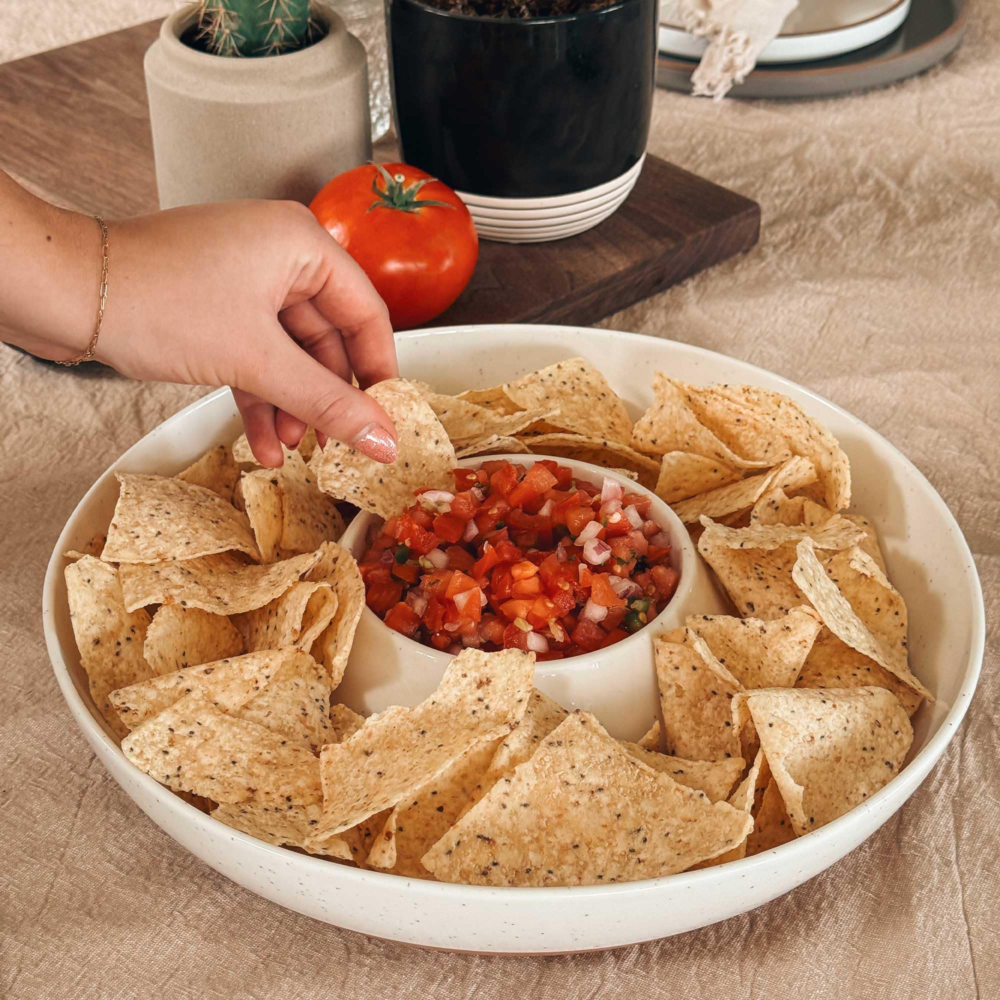 Mora Ceramic Chips and Dip Serving Tray Set - Large Divided Party Bowl for Chips & Salsa, Veggies & Dip, Fruit, Snacks - Minimalist White Serving Platter for Entertaining, Hosting, Parties, Potlucks & Game Nights
