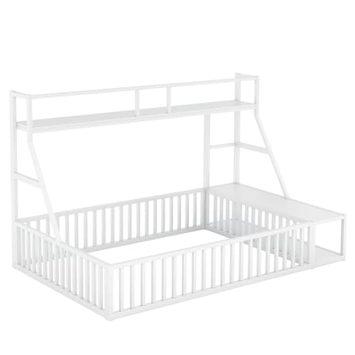 Full Size Kids Floor Bed with Safety Fence - White Metal Bed Frame with Built-in Desk & Storage Shelves for Toddlers and Children | Perfect for Small Bedrooms, Montessori Rooms, and Play Areas