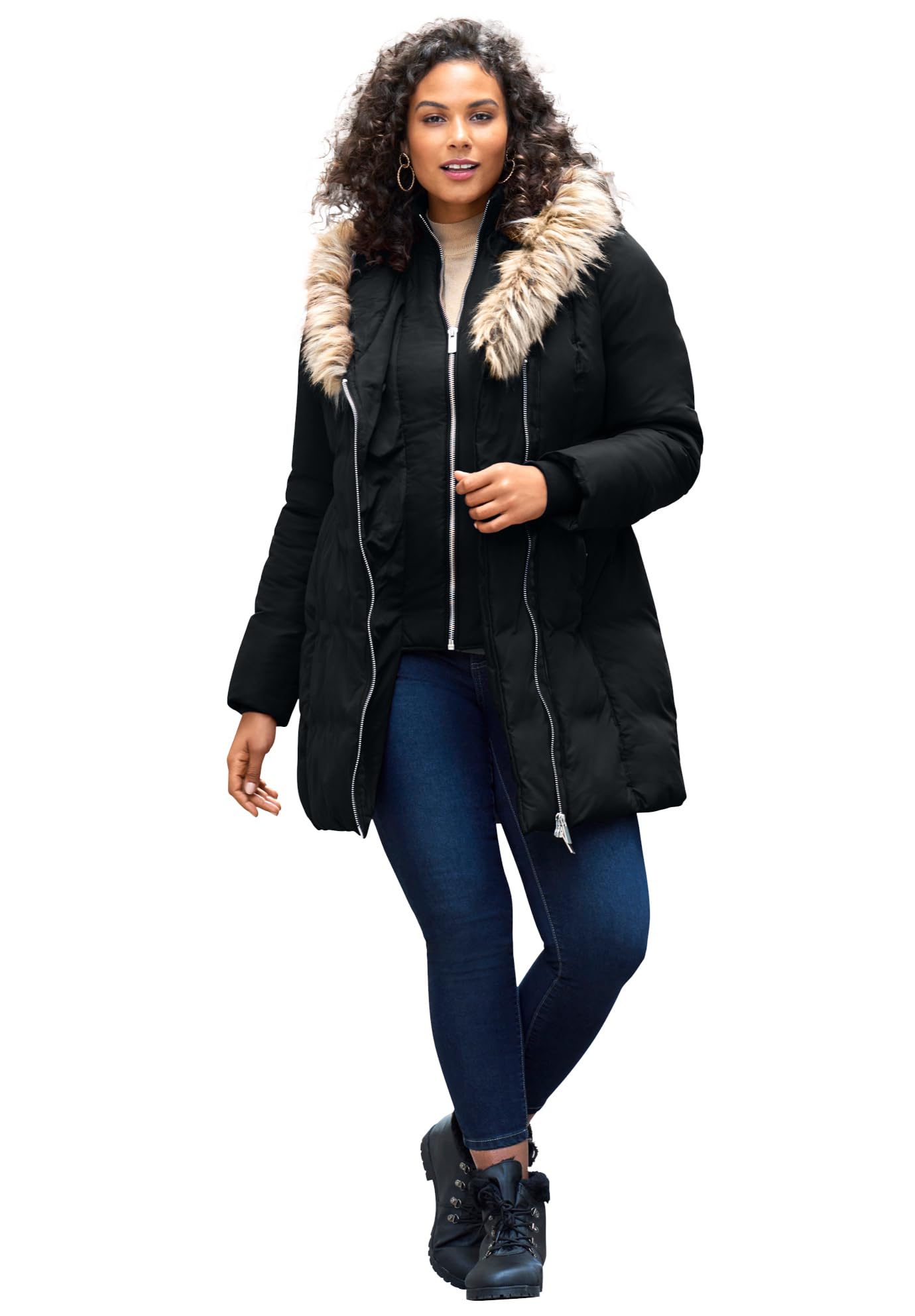 Rooman's Women's Plus Size Winter Puffer Jacket - Double Layer Warm Coat for Cold Weather - Perfect for Snowy Days & Outdoor Activities