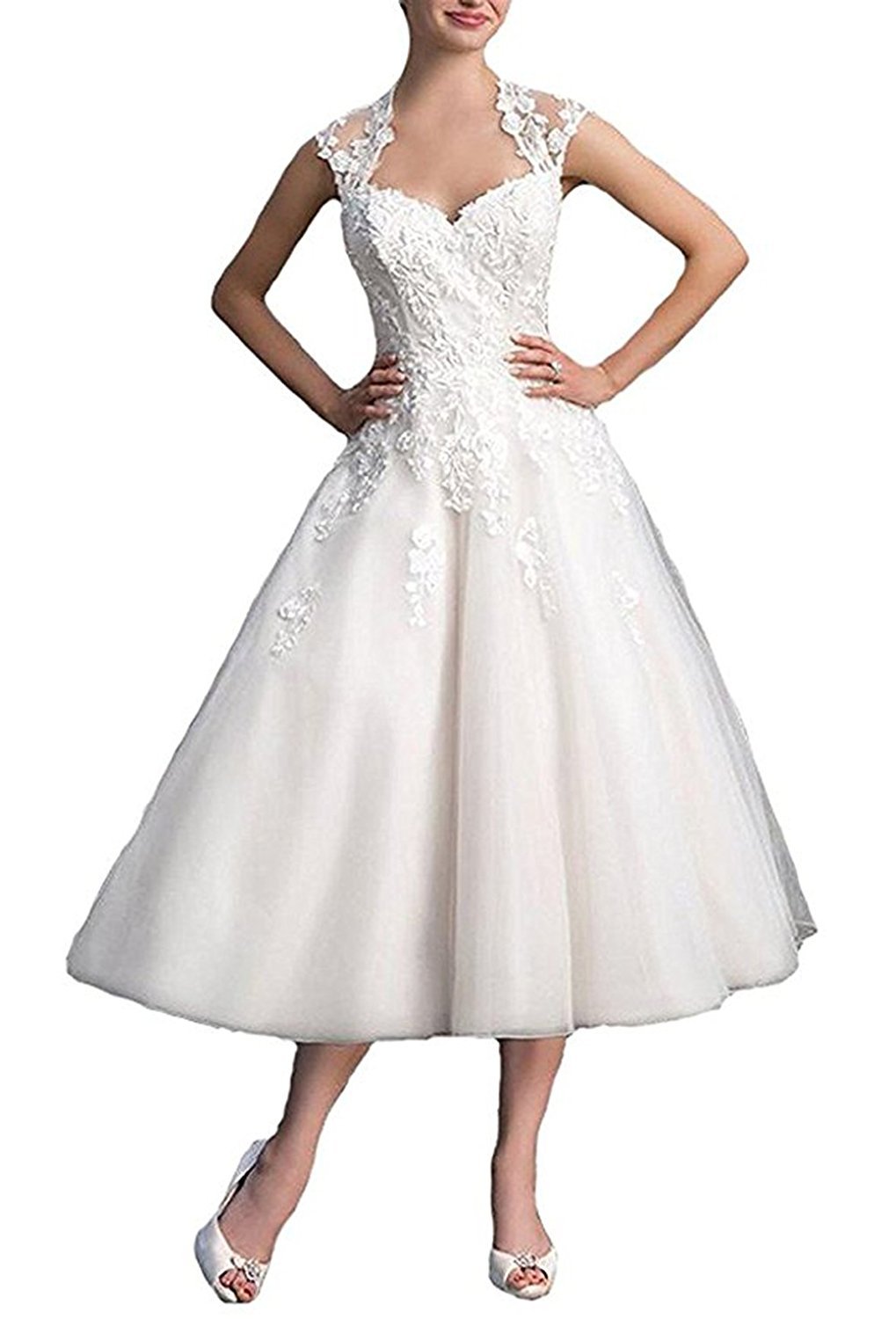 Elegant Women's Cap Sleeve Applique Tea-Length Ball Gown Wedding Dress for Brides, Formal Events & Special Occasions