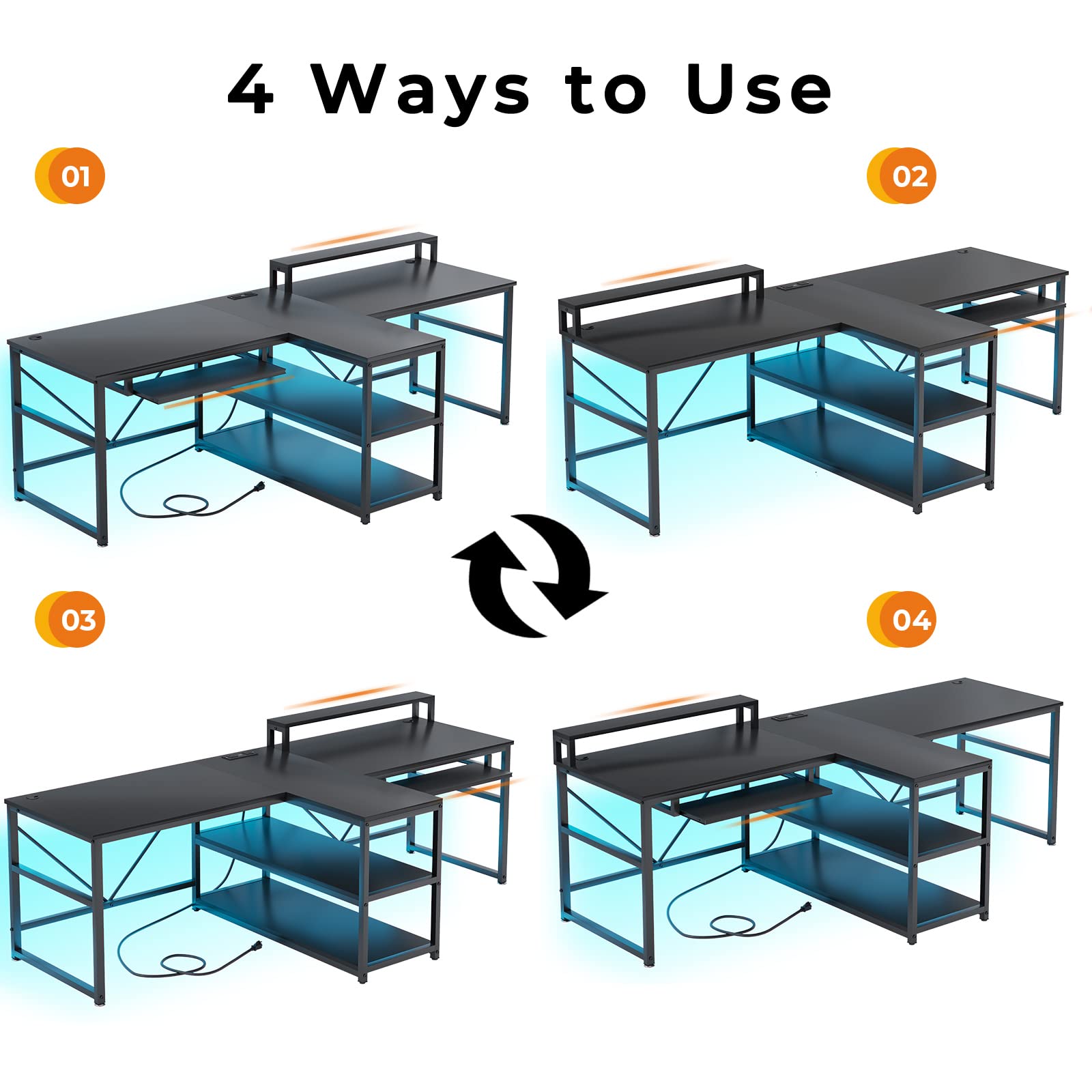 SEDETA 94.5 Inch Large Two Person Gaming Desk with LED Lights, Storage Shelves & USB Power Strip - Home Office Computer Desk with Keyboard Tray & Monitor Stand for Gamers & Remote Workers (Black) | Perfect for Multiplayer Gaming, Shared Workspaces & Home Office Setups