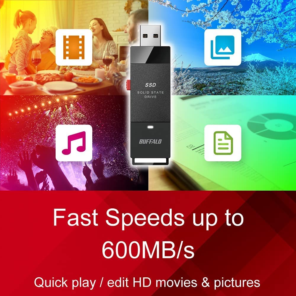 BUFFALO 2TB External SSD Portable Solid State Drive - USB 3.2 Gen 2, USB-C & USB-A Compatible - Up to 600MB/s High-Speed Transfer - Works with PS4, PS5, Windows & Mac - Perfect for Gaming, Video Editing & Data Backup - SSD-PUT2.0U3B