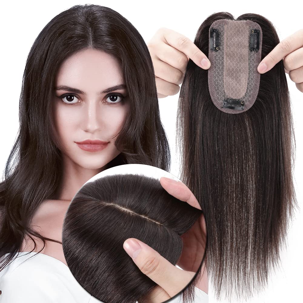 MY-LADY Human Hair Toppers for Women - 16 Inch Real Remy Human Hair Topper for Thinning Hair, 7x13cm Silk Base, No Bangs, 150% Density, Clip-in Hairpiece, Dark Brown (#02) - Perfect for Daily Wear, Parties & Special Occasions