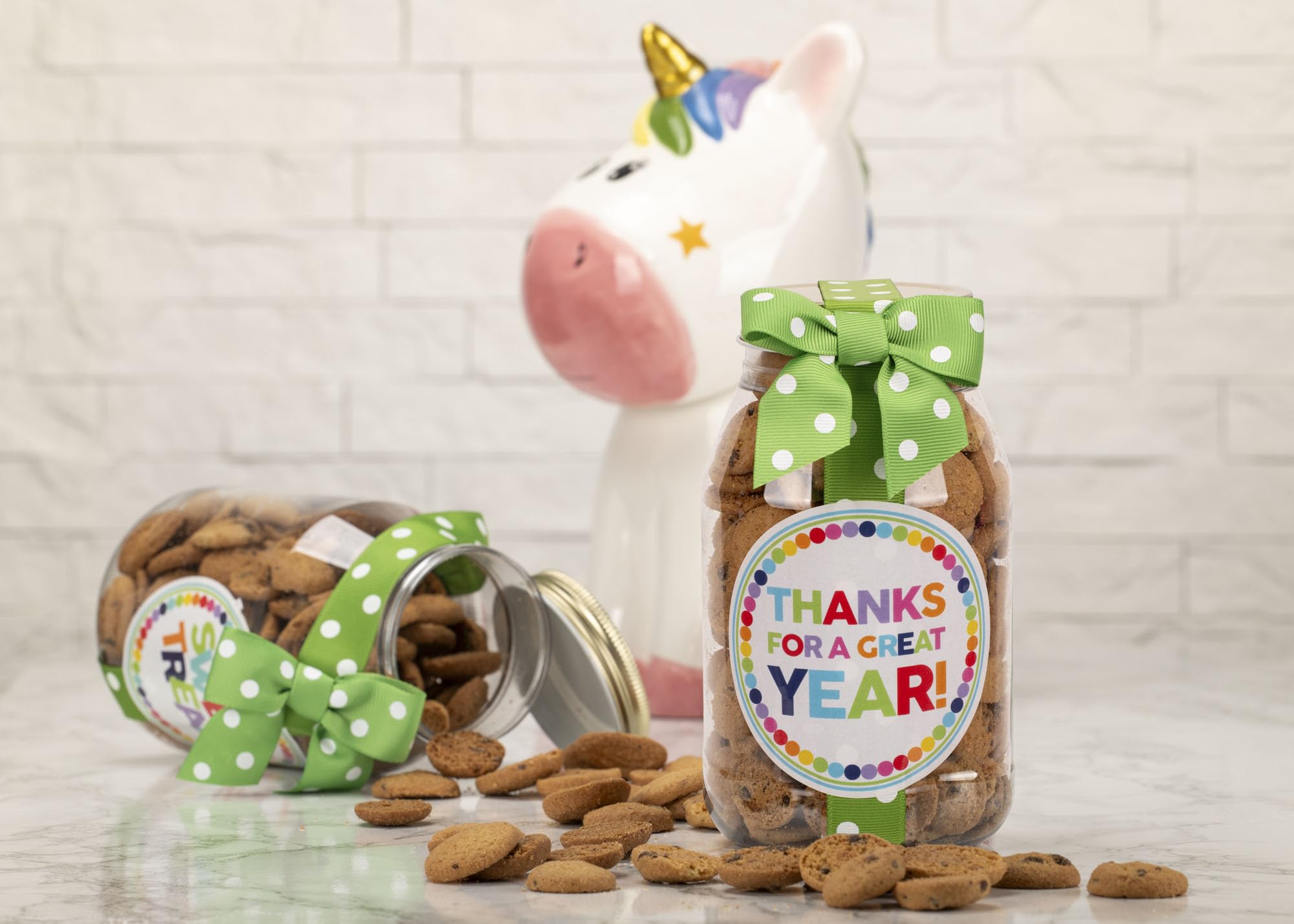 100 North Oh Sugar Sweets Mini Chocolate Chip Cookies - Rainbow Dot 10oz Plastic Quart Jar (2-Pack) | Bulk Baking Supplies, Party Favors & Holiday Gifts