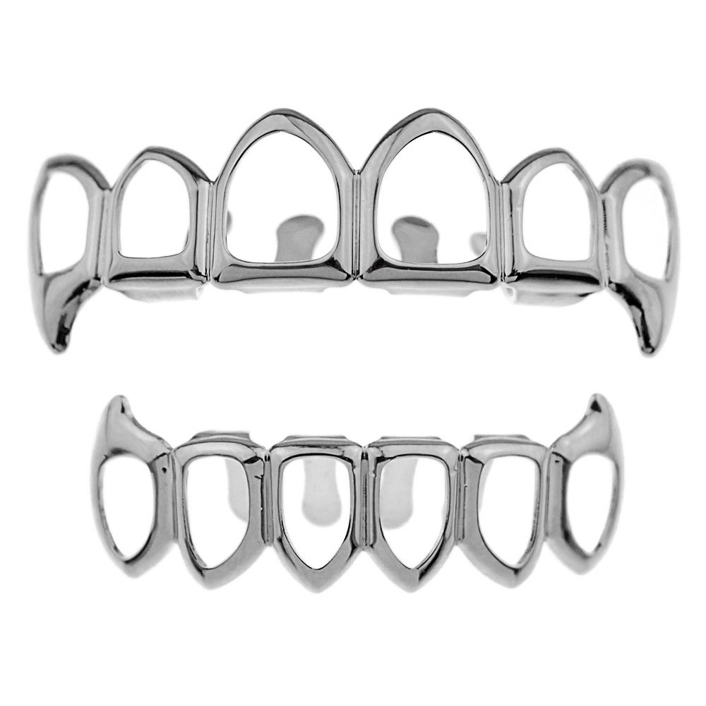 Silver Tone Open Face Fang Grillz Set - 6 Tooth Top & Bottom Vampire Teeth for Hip Hop & Halloween Costume Accessories