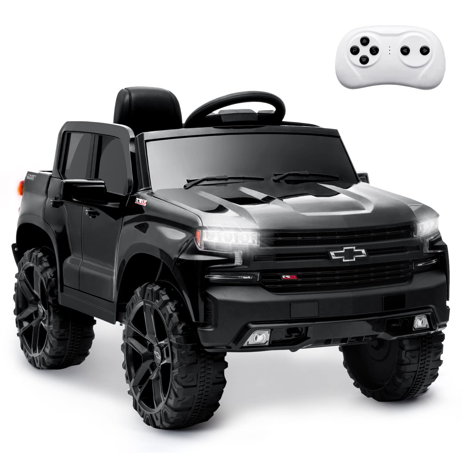 Track Seven 12V Battery-Powered Kids Ride On Truck with Remote Control - Chevrolet Silverado Electric Car for Boys & Girls, LED Lights, 3 Speed Settings, Spring Suspension, MP3 Player & Horn - Perfect for Birthday Gifts, Outdoor Play & Indoor Fun (Black)