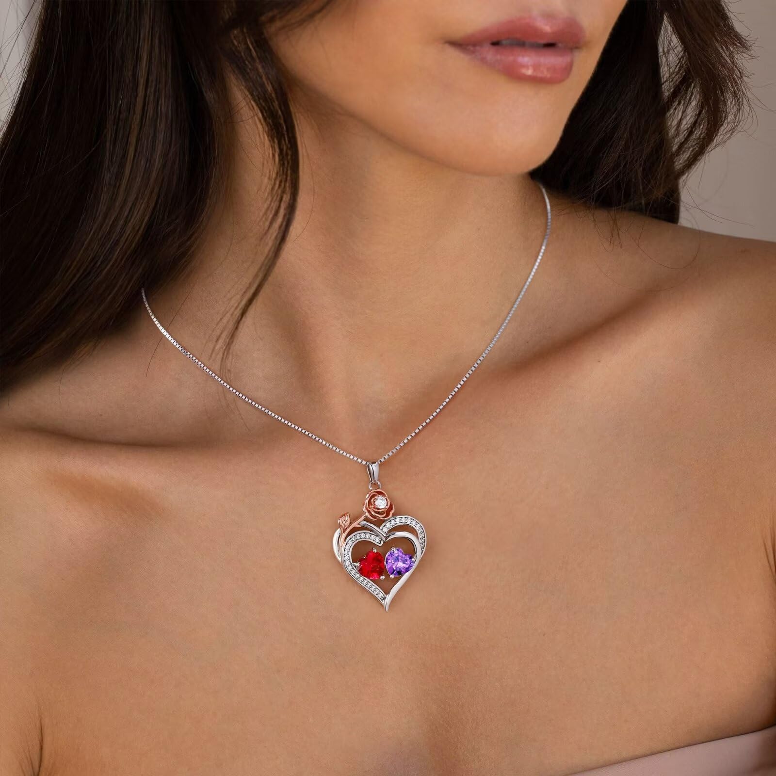 Rose Heart Birthstone Necklace for Women - Elegant Gemstone Jewelry Gift for Wife, Mom, Grandma | Valentine's Day, Mother's Day, Birthday Gift Idea | Perfect for Anniversaries, Weddings & Special Occasions