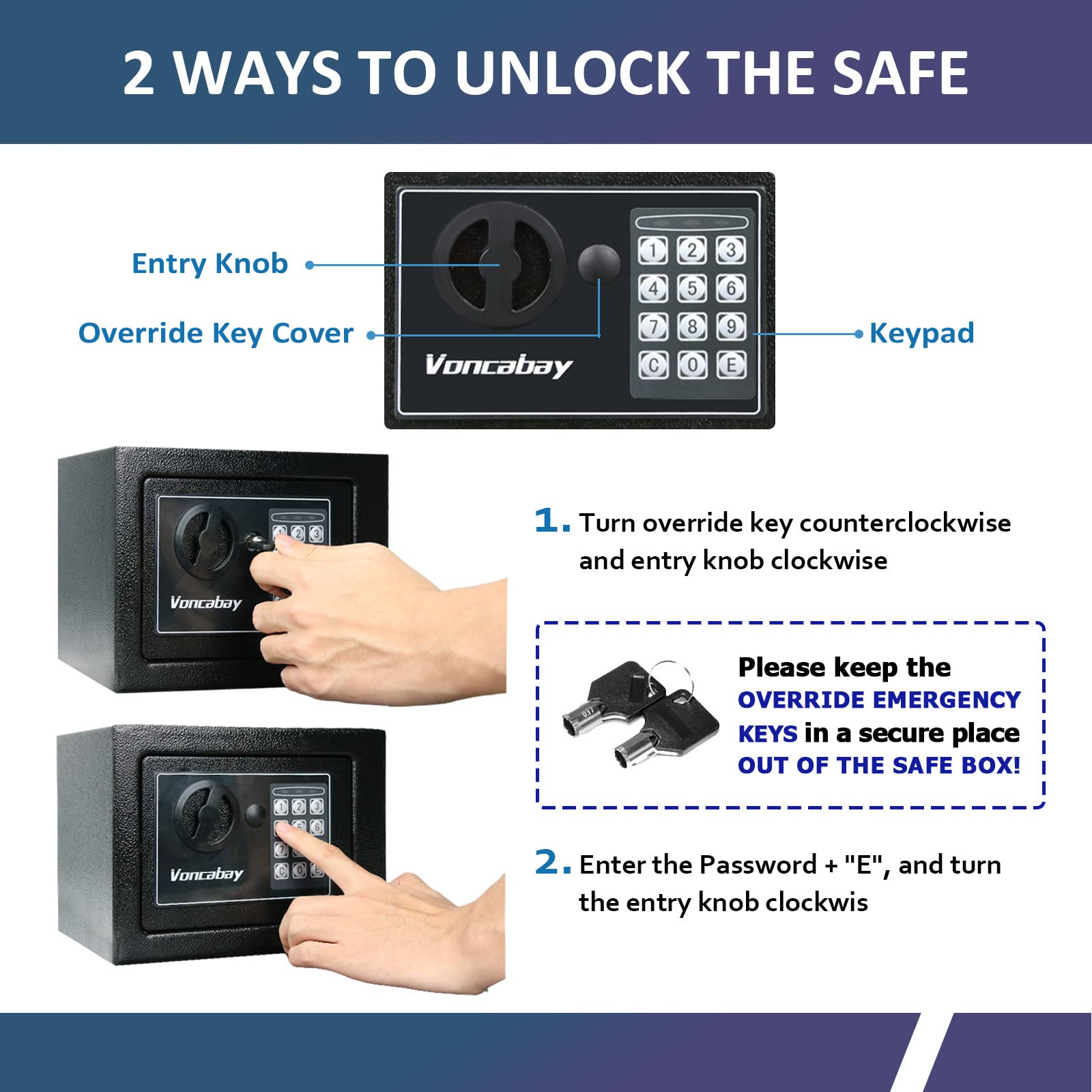 Voncabay Fireproof Security Safe Box with Digital Keypad & Sensor Light - Home Money Safe with Keys & Passcode for Cash, Jewelry & Documents | Ideal for Bedroom, Office & Travel Use