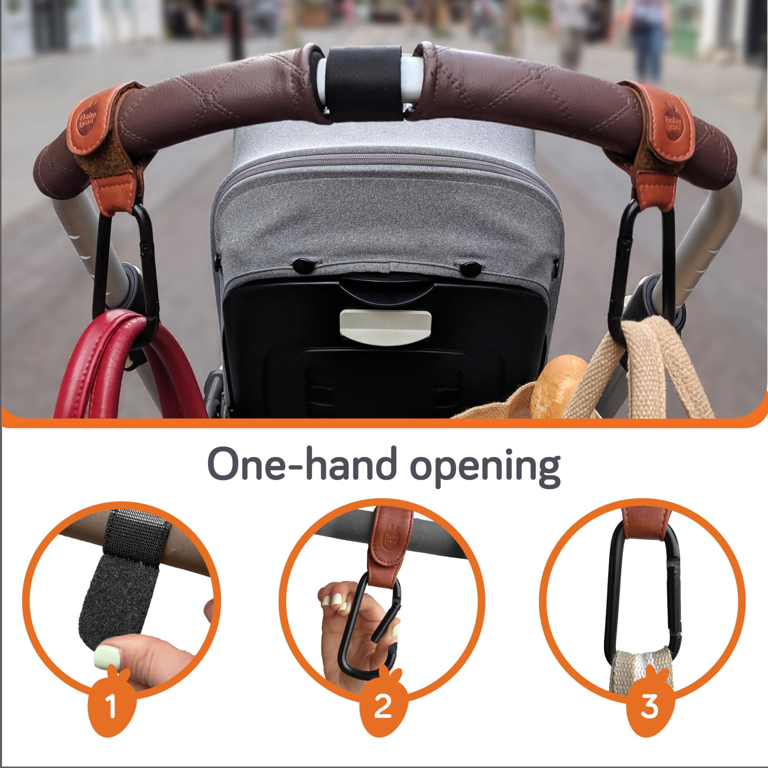Premium Baby Stroller Hooks for Bags (2 Pack) - Universal Non-Slip Stroller Accessories, Leather-Style Stroller Clips Holds Up to 11 lbs Each - Perfect for Diaper Bags, Shopping Bags & Baby Essentials on the Go