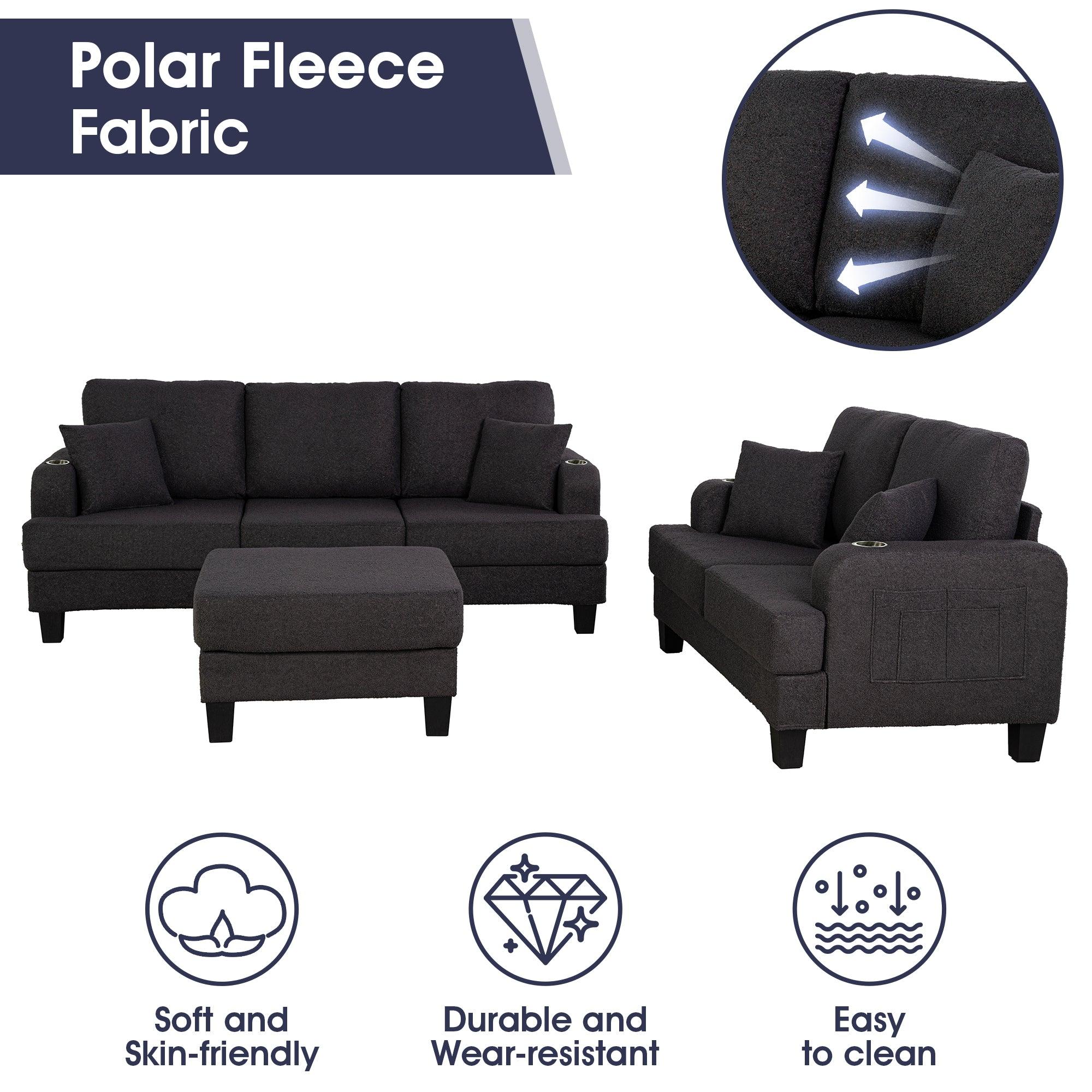 Dark Gray 3-Piece Sofa Set with Storage Ottoman & USB Charging - Modern Living Room Furniture for Small Spaces, Perfect for Apartments, Dorms and Cozy Homes