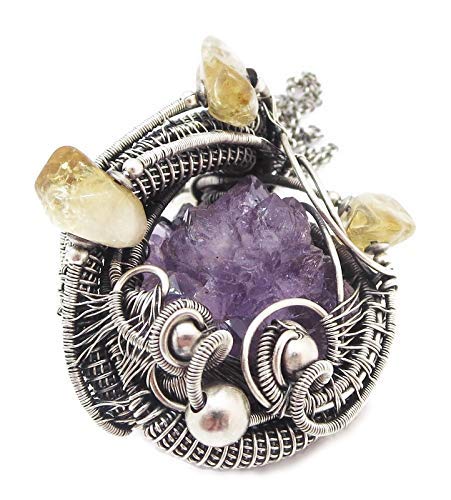 Natural Amethyst Stalactite Druzy Pendant with Citrine Accents - Sterling Silver Wire Wrapped Jewelry for Women - Perfect for Spiritual Healing, Meditation & Boho Fashion