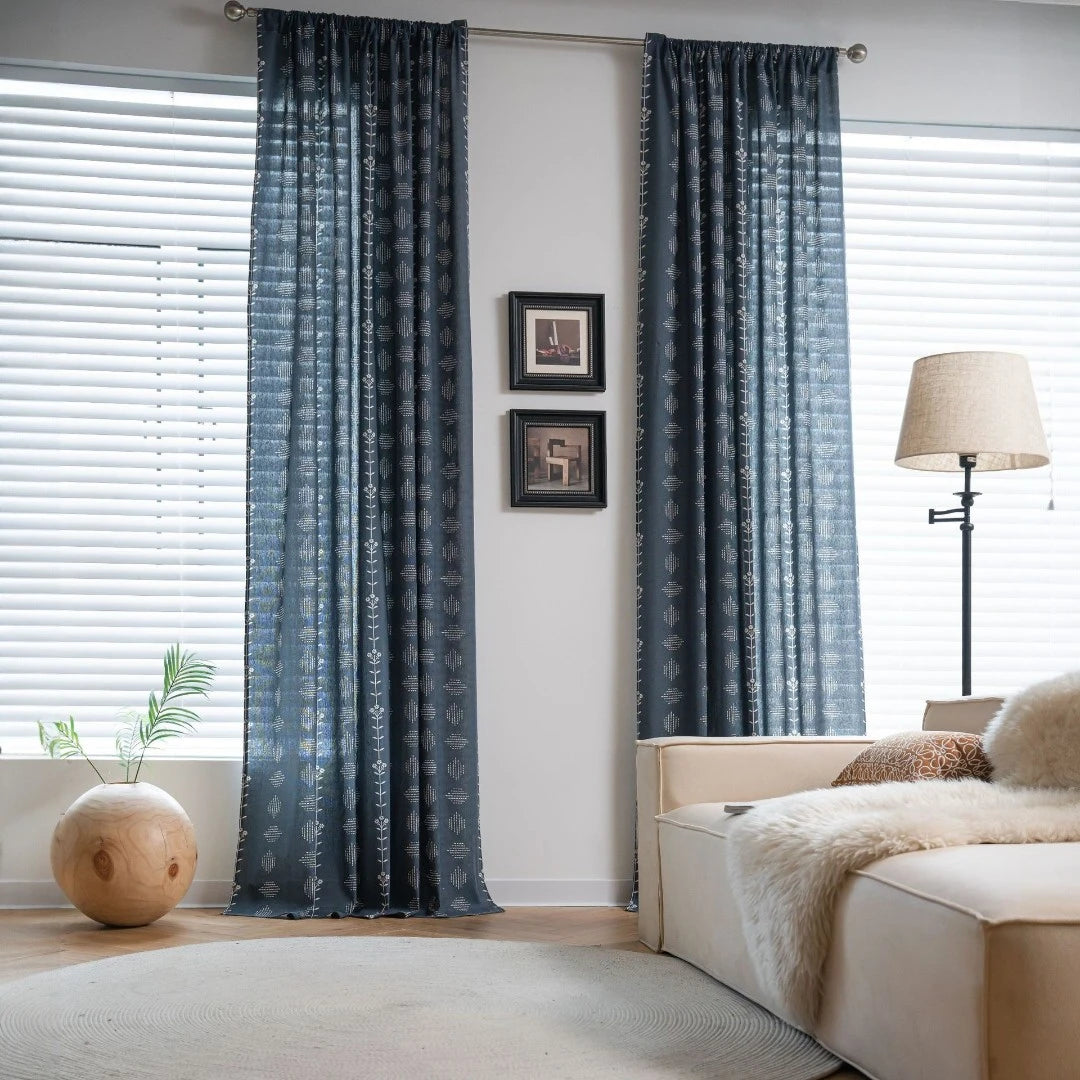 Boho Botanical Geometric Semi-Sheer Custom Curtains for Living Room & Bedroom - Light Filtering Window Drapes with Nature-Inspired Design
