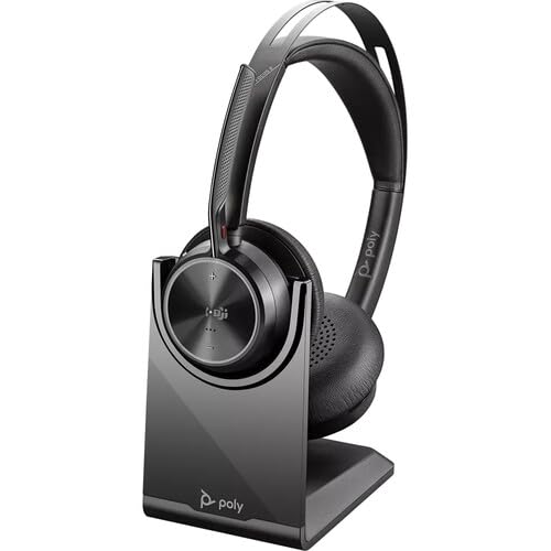 Poly Voyager Focus 2 UC Stereo Bluetooth Headset - Microsoft Teams Certified (77Y87AA) with Travel Pouch | Premium Noise Cancelling Headphones for Office, Remote Work & Video Conferencing | Bundle Includes Goby Labs Headphone Cleaner & Fiber Cloth