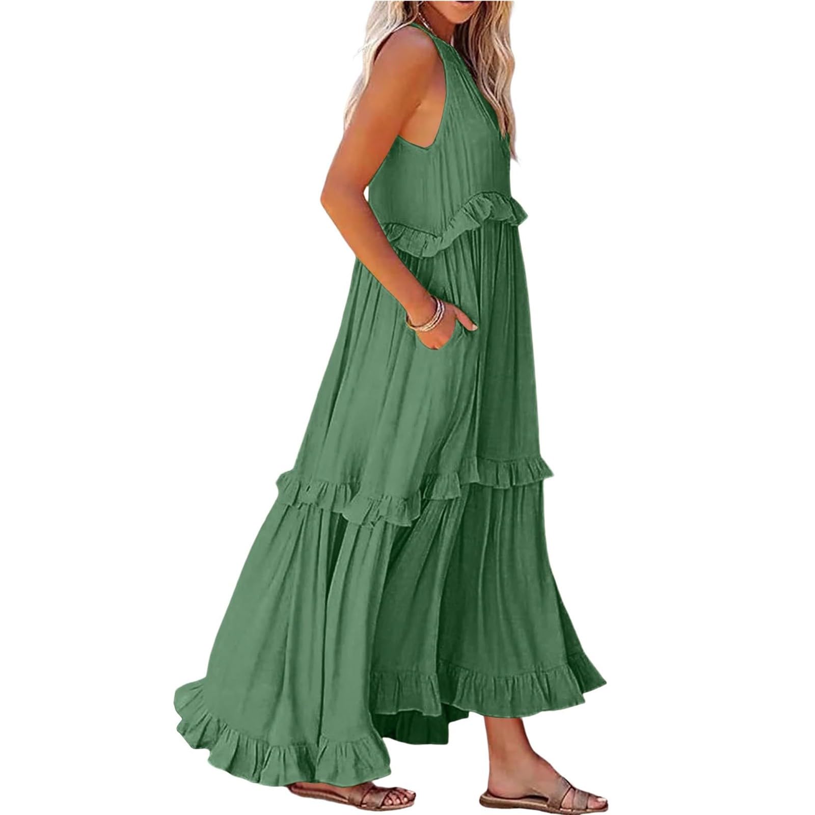 Women's Halter Smocked Tiered Maxi Dress - Flowy Swing Summer Cocktail & Wedding Guest Dress with Pockets | Perfect for Beach Vacations, Garden Parties & Formal Events
