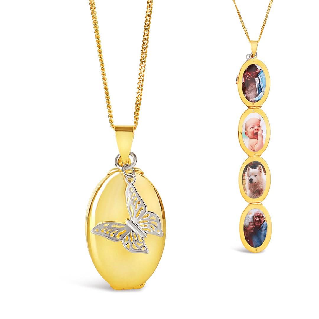 Gold Four Photo Oval Butterfly Locket Necklace - Perfect for Valentine's Day, Mother's Day & Anniversary Gifts