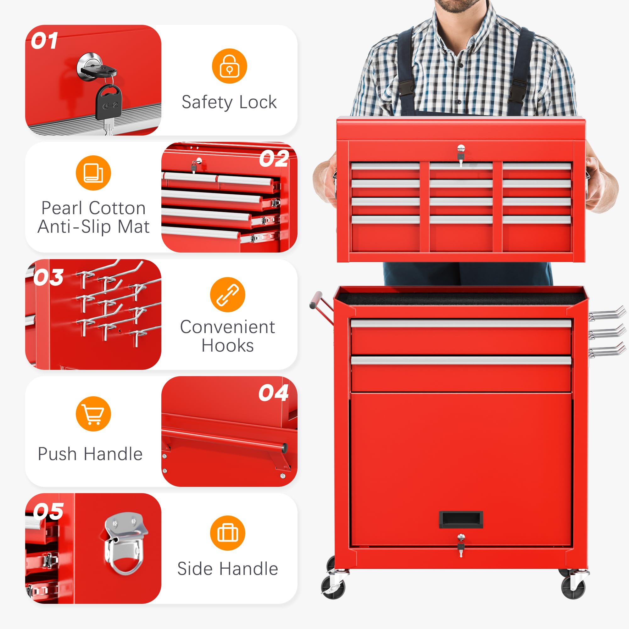 INTERGREAT 8-Drawer Rolling Tool Chest with Wheels - Heavy Duty Steel Tool Cabinet Organizer Combo for Garage, Workshop & DIY Projects | High Capacity 2-in-1 Detachable Tool Storage (Red)