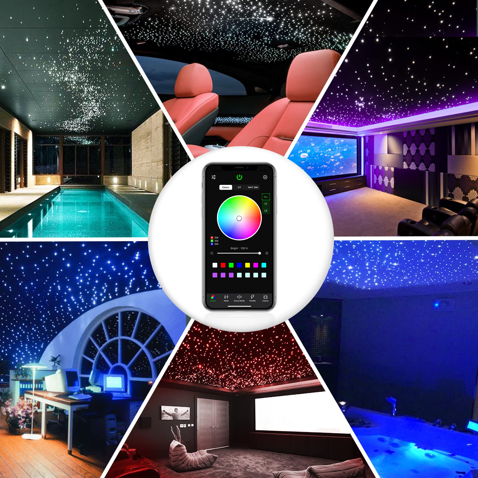 16W Twinkle Starlight Headliner Kit - 650pcs 0.03in Fiber Optic Strands with Bluetooth APP/Remote/Music Control, RGBW Car Star Ceiling Light Kit with Adapter & Car Plug - Perfect for Car Interior Lighting & Home Decoration