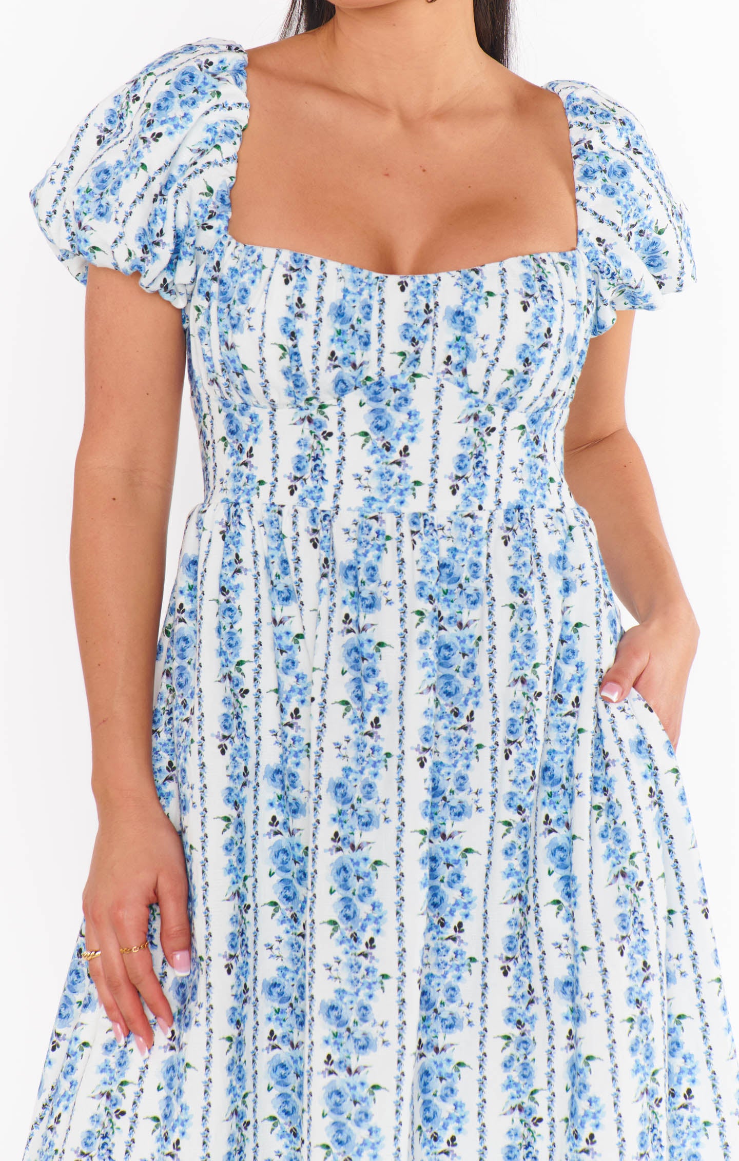 Belle Midi Dress - Blue Bliss Stripe Floral Print Summer Dress for Women | Casual & Party Wear | Perfect for Beach, Vacation, and Date Nights