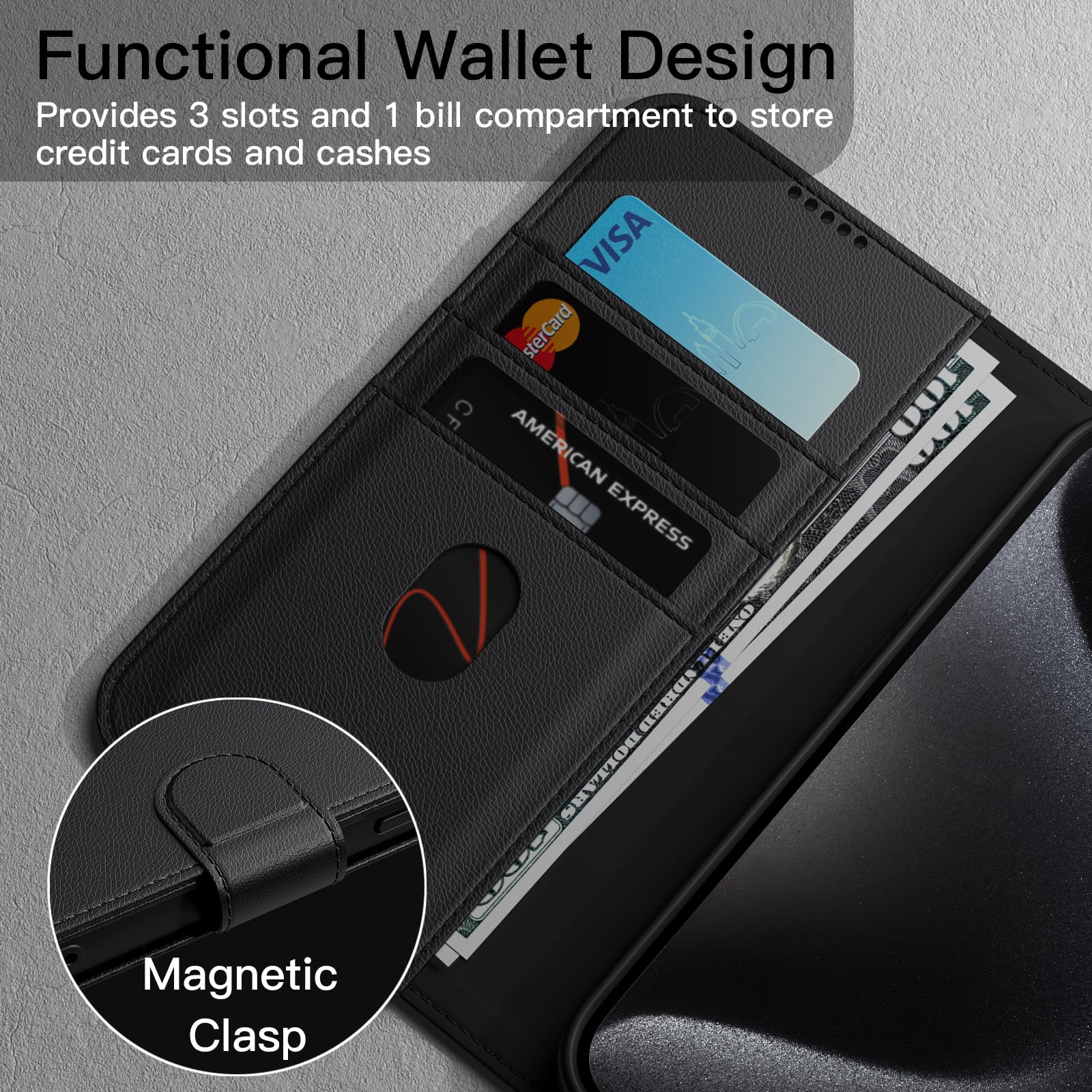 JETech Magnetic Flip Wallet Case for iPhone 15 Pro Max 6.7-Inch - Shockproof PU Leather Cover with Card Holder, Stand Feature & Full Camera Protection (Black Titanium) | Perfect for Business, Travel & Everyday Use