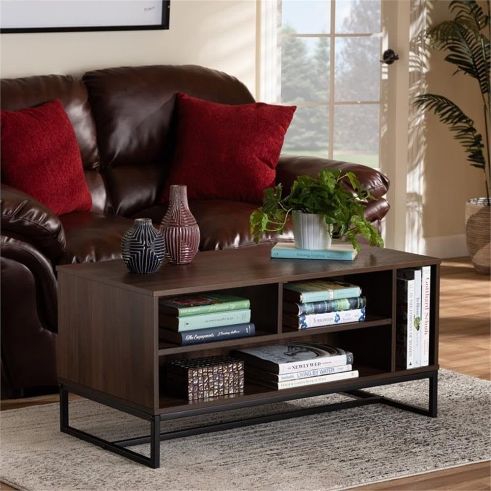 Modern Walnut Brown and Black Coffee Table - Mid-Century Style Living Room Furniture for Small Spaces - Perfect for Apartments, Condos & Cozy Home Decor