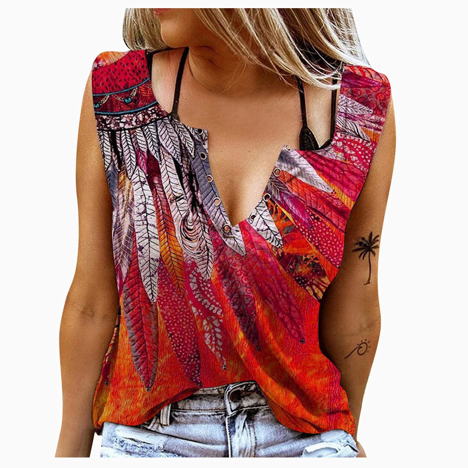 Women's Summer Sleeveless V-Neck Blouse - Loose Casual Printed Pullover Top (Red, Size S) | Perfect for Beach Outings, Vacation Wear & Everyday Casual Style