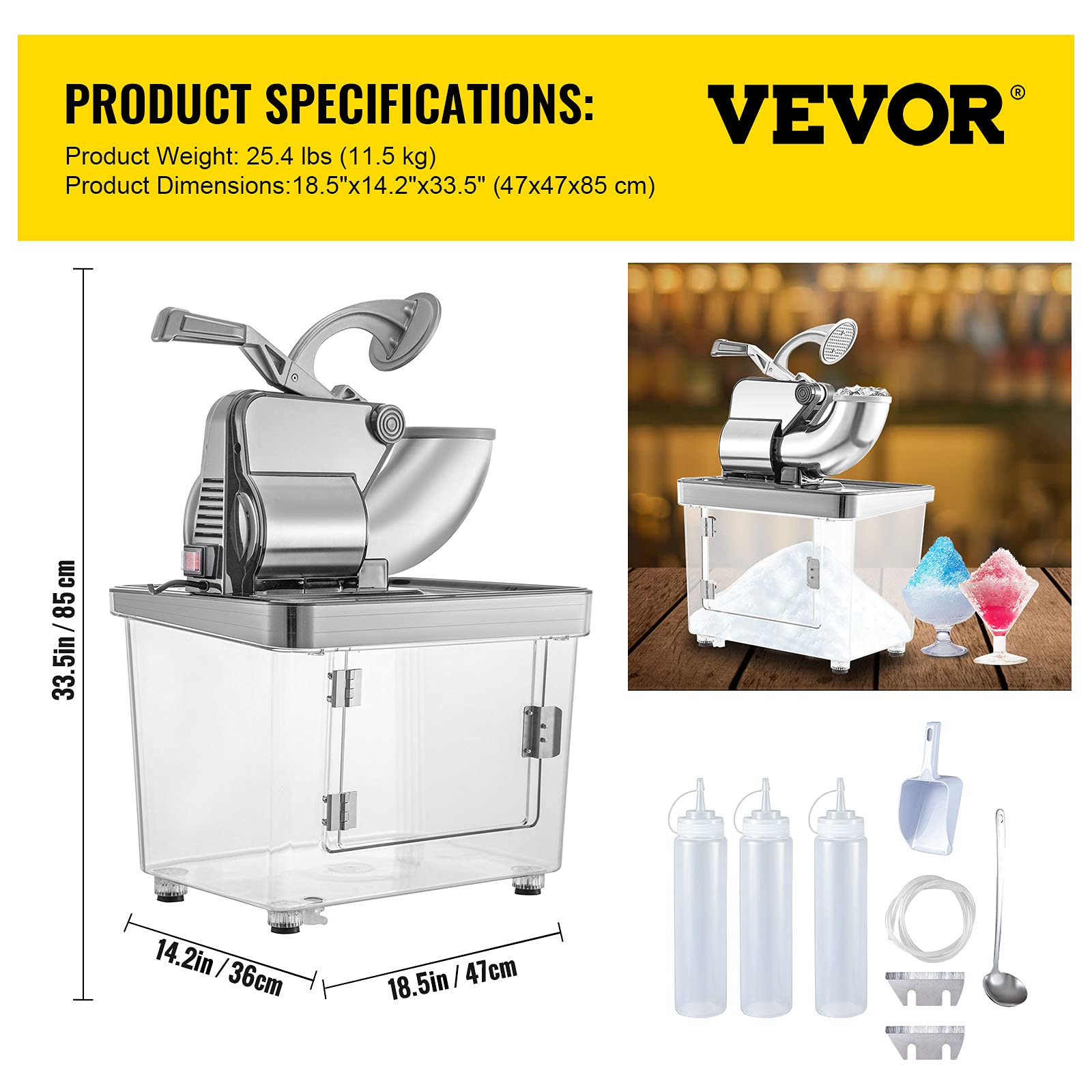 VEVOR 110V Commercial Ice Crusher 661LBS/H, ETL Certified 300W Electric Snow Cone Maker with Dual Stainless Steel Blades - Heavy Duty Shaved Ice Machine for Home, Restaurants, Bars - Perfect for Parties, Cocktails, and Summer Treats