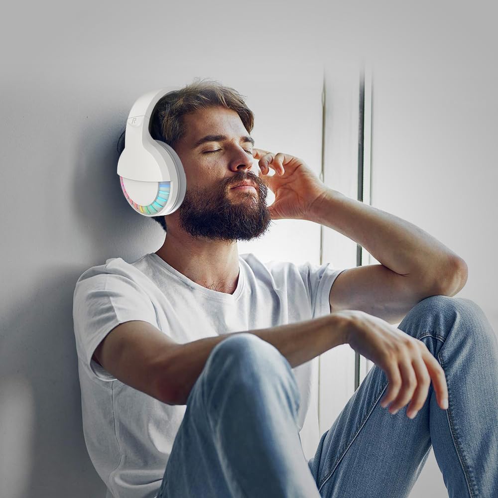Wireless Bluetooth Headphones with Active Noise Cancelling, HiFi Stereo Sound & Deep Bass - Over-Ear Headset with Mic, RGB Backlight & Protein Earpads for PC, Mac, Gaming, Travel, Office & Home Use (White) - Perfect for Work, Entertainment & Long Flights