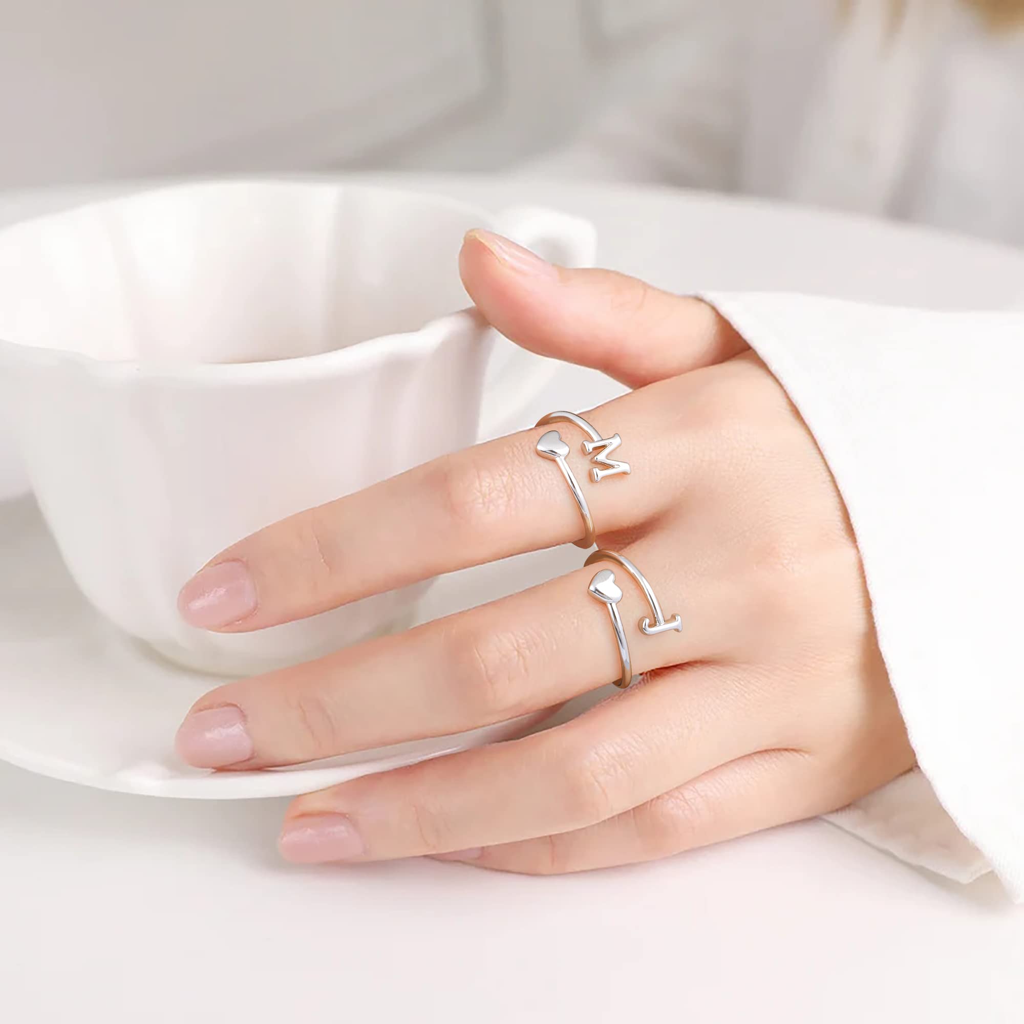 Heart Initial Rings for Women & Teen Girls - Adjustable Stackable Letter Rings - Perfect for Gifts, Valentine's Day & Everyday Wear