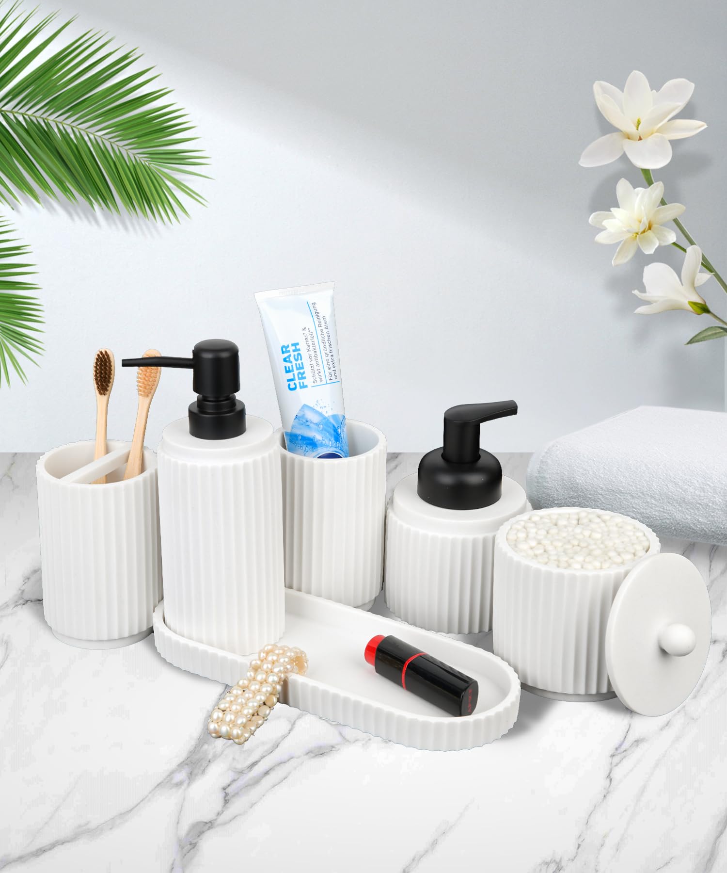 6-Piece White Bathroom Accessory Set - Toothbrush Holder, Soap Dispenser, Vanity Tray, Tumbler & Organizer | Modern Countertop Storage for Bathroom, Guest Room & Spa Decor
