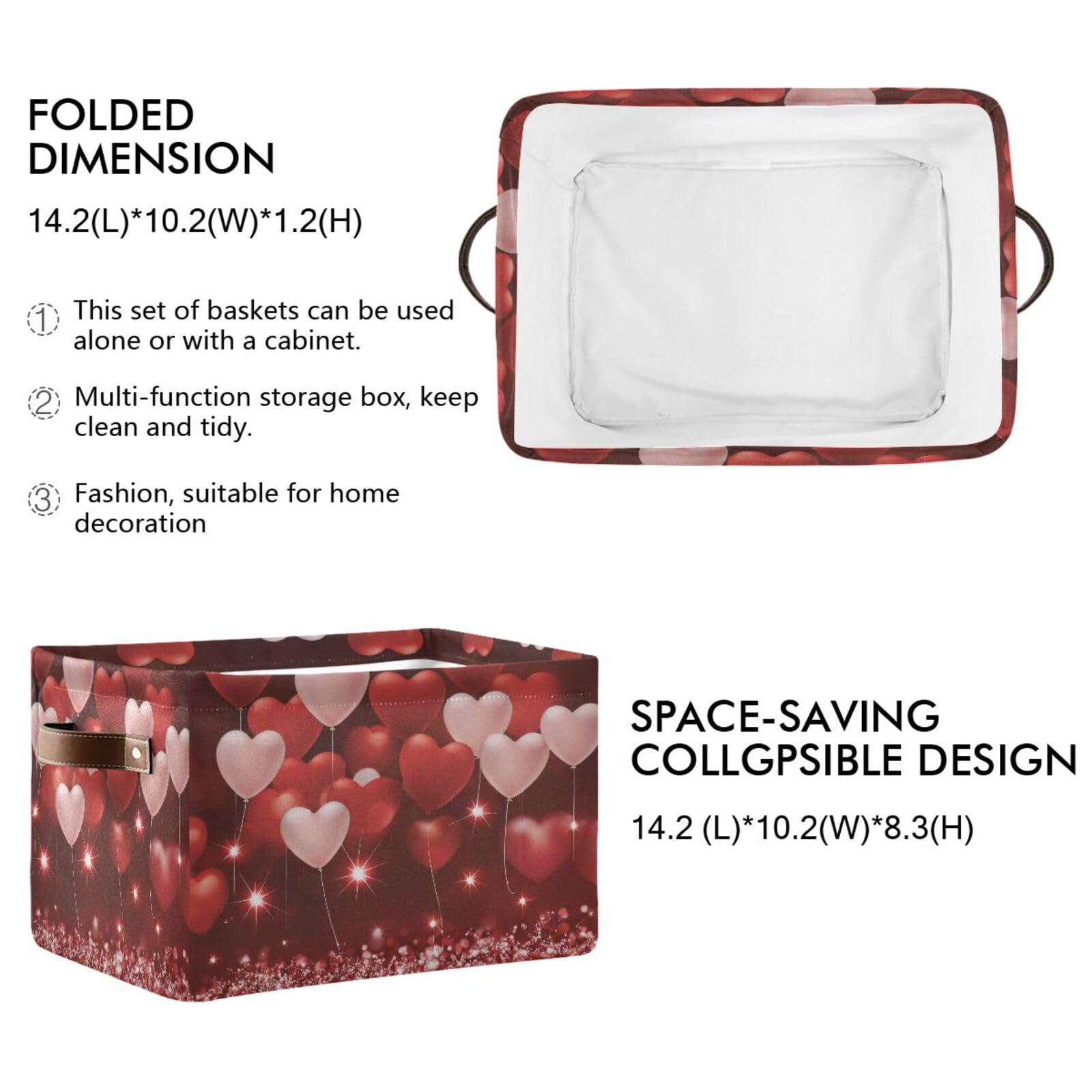 2-Pack Valentine's Day Heart Balloon Fabric Storage Bins with Handles - Closet Organizer Baskets for Clothes, Toys & Home Decor - Perfect for Bedroom, Nursery & Gift Giving